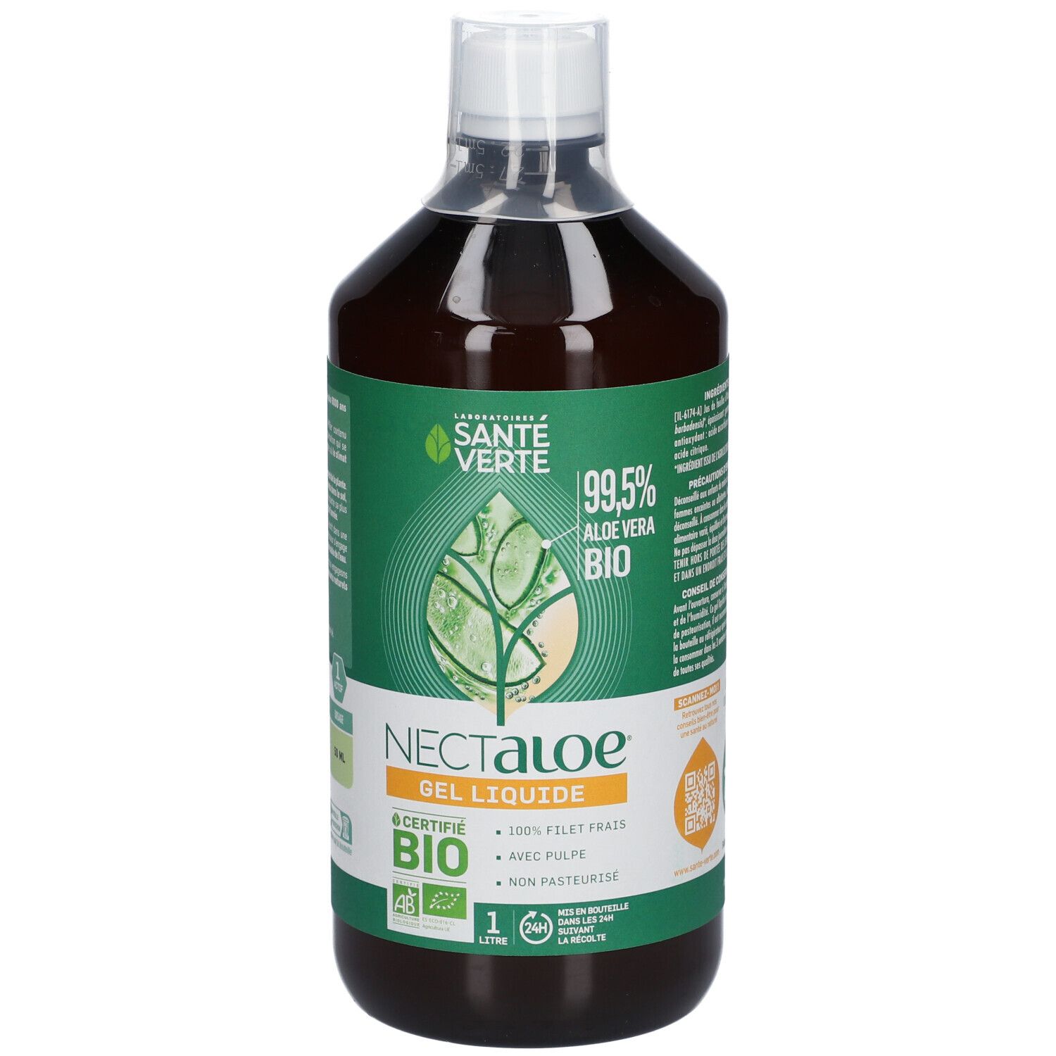 Bouteille marron avec bouchon blanc. Étiquette avec logo, nom du produit Nectaloe Gel Liquide, certification bio et aloe vera.