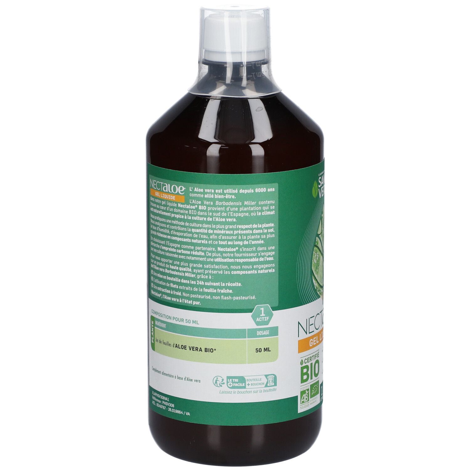 Dos de la bouteille marron avec bouchon blanc. Étiquette avec texte, ingrédients, certification bio et Nectaloe Gel Liquide.