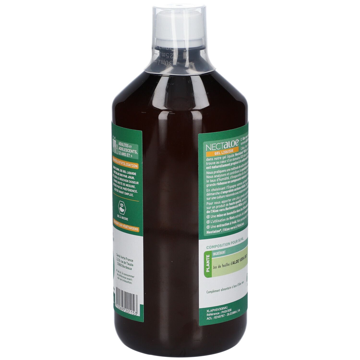 Dos de la bouteille marron avec bouchon blanc. Étiquette avec texte, ingrédients, certification bio et Nectaloe Gel Liquide.