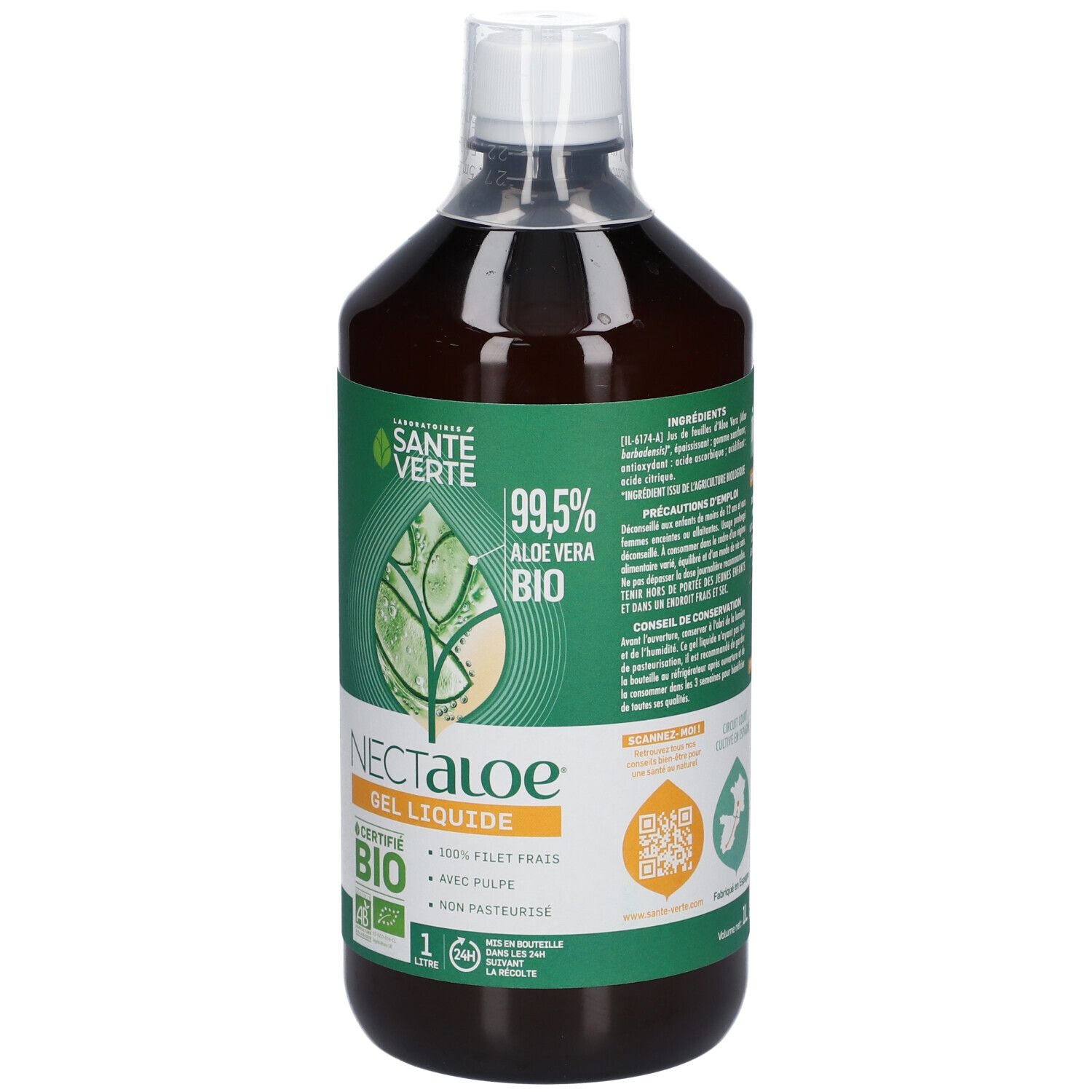 Bouteille marron avec bouchon blanc. Étiquette avec logo, nom du produit Nectaloe Gel Liquide, certification bio et aloe vera.