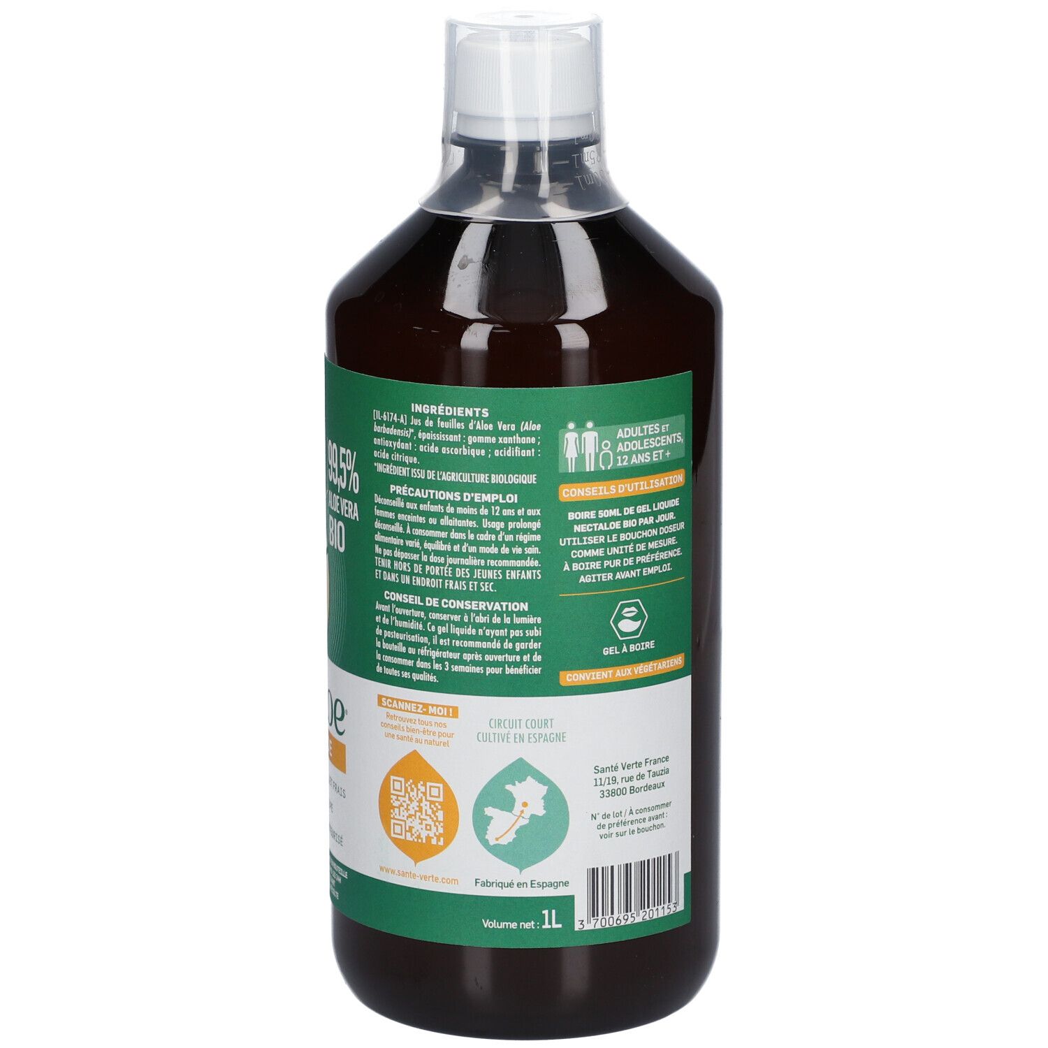 Dos de la bouteille marron avec bouchon blanc. Étiquette avec texte, ingrédients, certification bio et Nectaloe Gel Liquide.