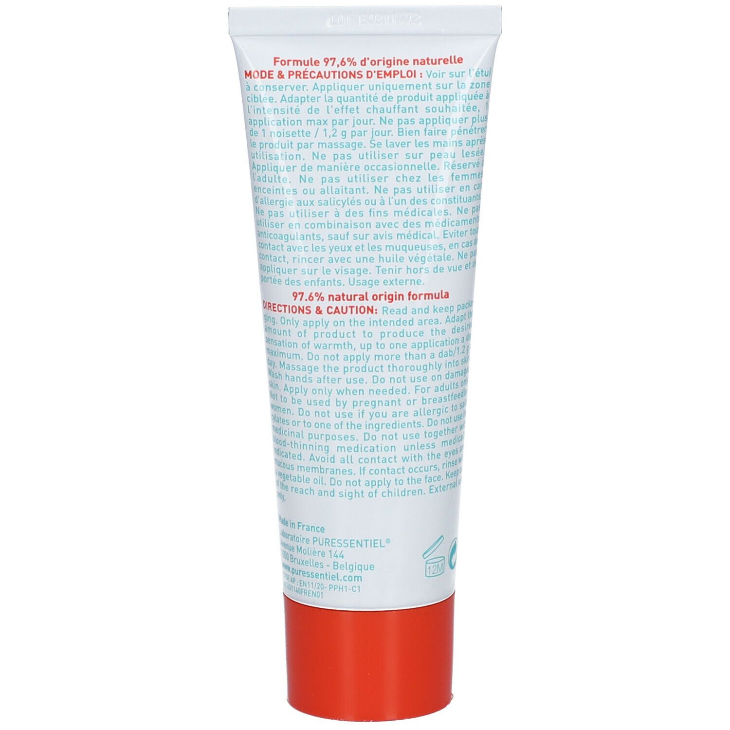 Dos du tube avec informations sur le produit et ingrédients. Bouchon rouge.
