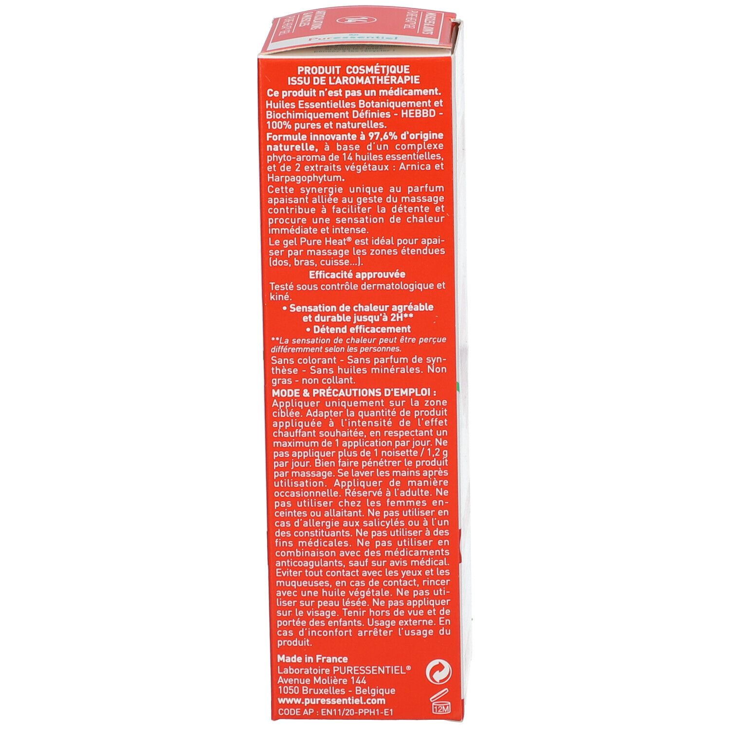 Vue latérale de l'emballage en carton avec informations sur le produit et ingrédients.