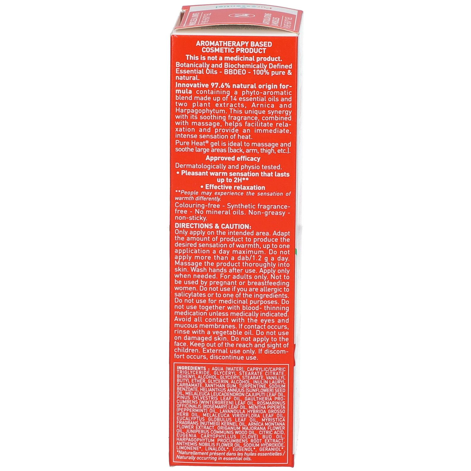 Vue latérale de l'emballage en carton avec informations sur le produit et ingrédients.