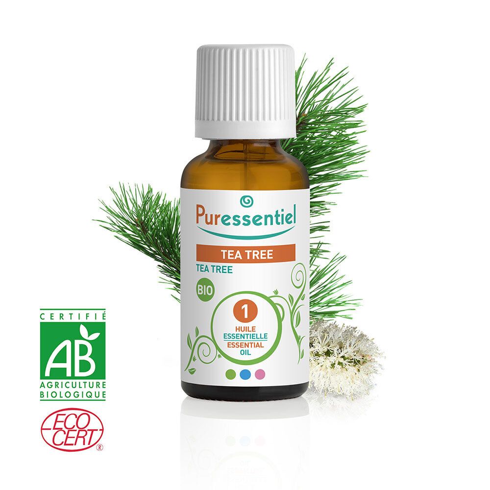 Flacon en verre brun avec bouchon blanc et étiquette. Certifications AB et Ecocert. Label : Tea Tree Bio.