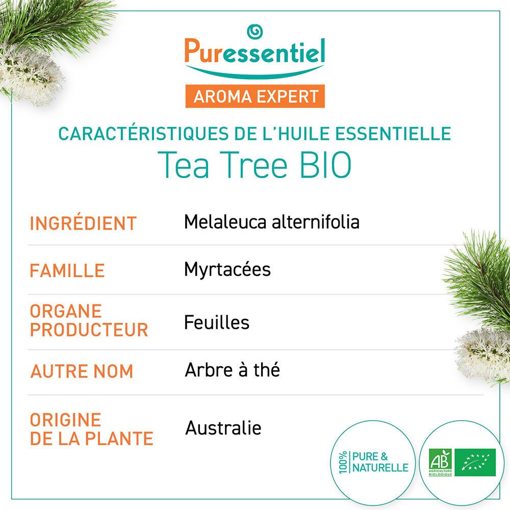 Infographie avec informations produit. Texte : Tea Tree Bio. Ingrédients, famille, origine de la plante.