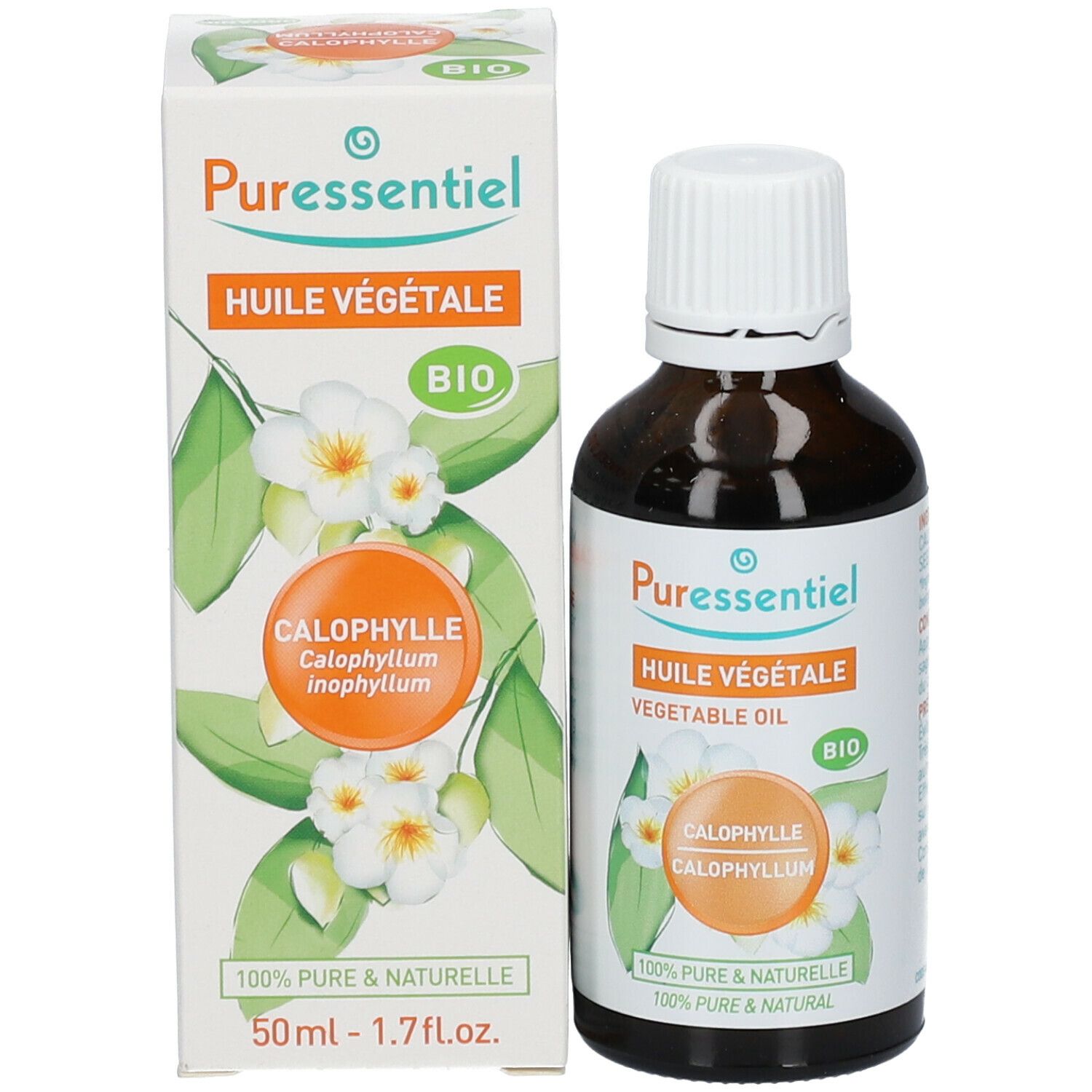 Produktflasche und Verpackung. Flasche mit weißem Deckel, Verpackung mit Produktnamen und Blumen.