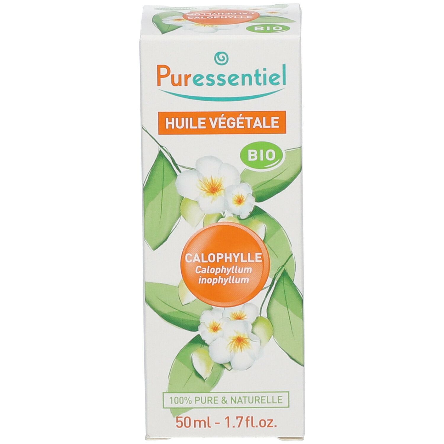 Produktverpackung. Weißer Karton mit Produktnamen, Blumenabbildung und Bio-Siegel.