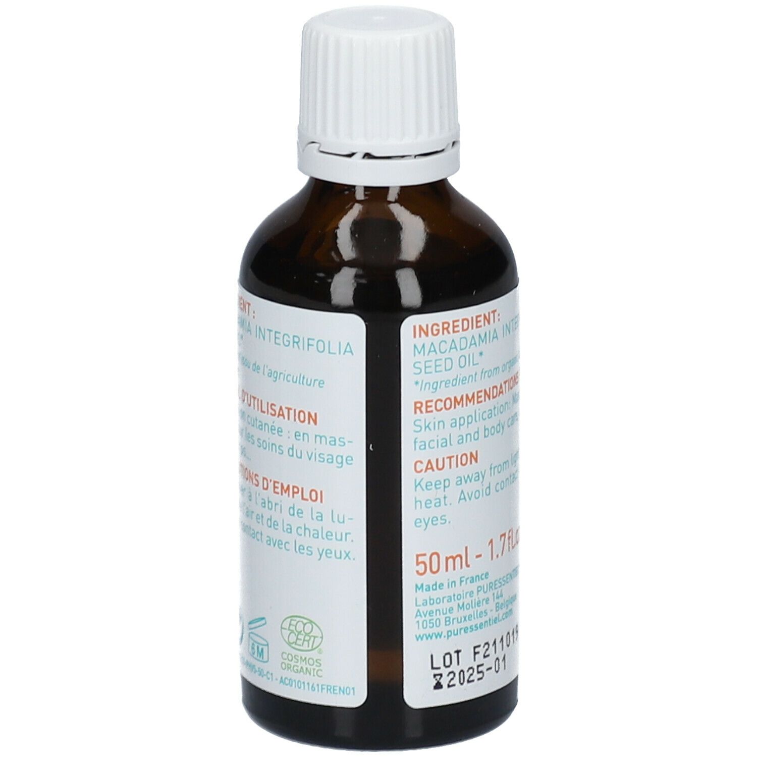 Braune Glasflasche mit weißem Verschluss. Etikett mit Inhaltsstoffen, Anwendungshinweisen und Warnhinweisen. BIO-Zertifizierung.