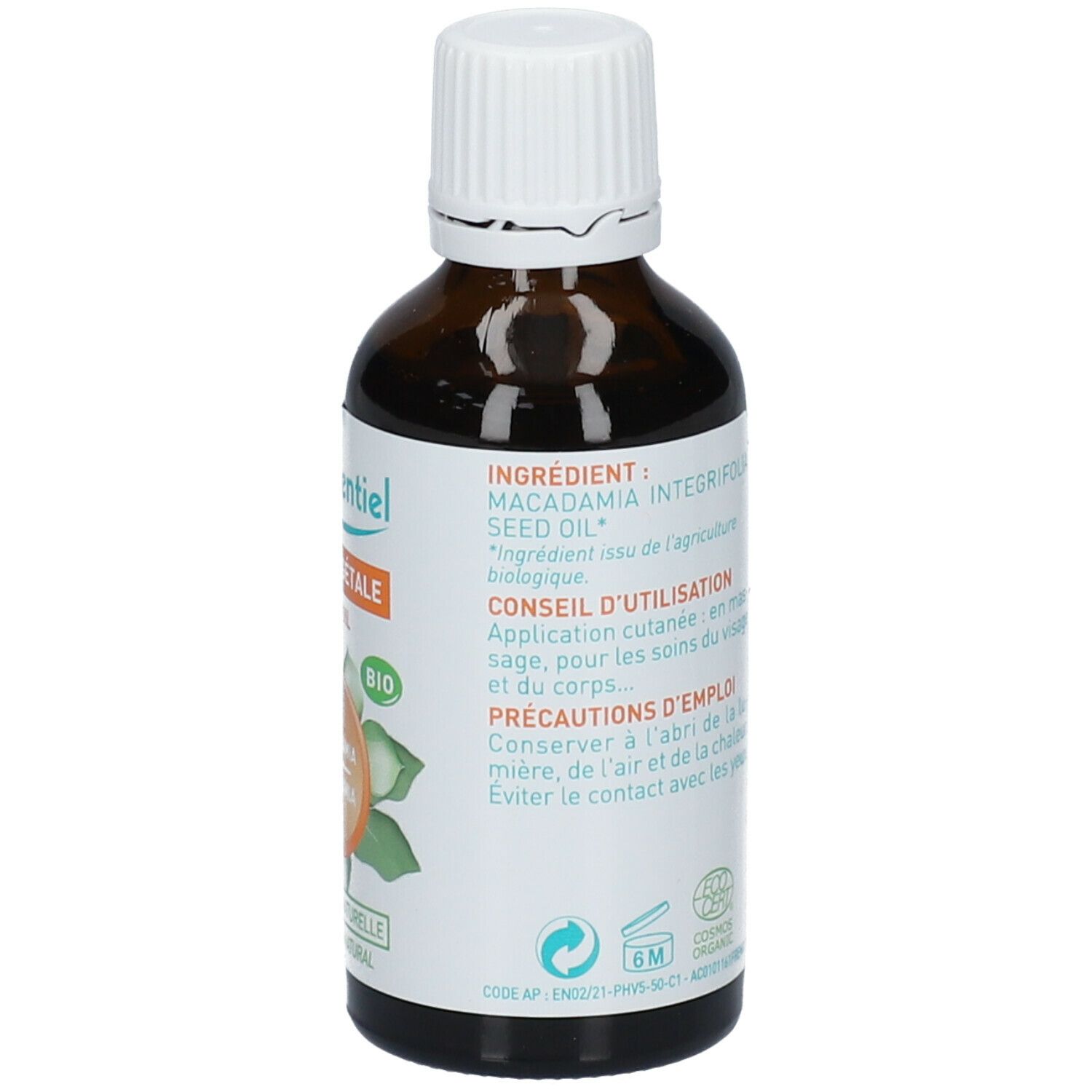 Braune Glasflasche mit weißem Verschluss. Etikett mit Inhaltsstoffen, Anwendungshinweisen und Warnhinweisen. BIO-Zertifizierung.