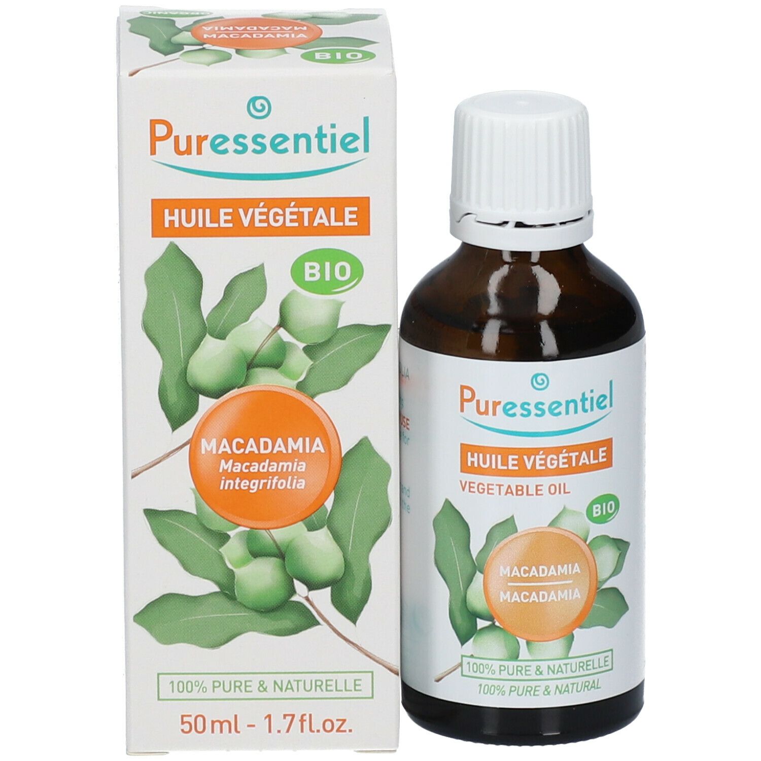 Produktflasche und Verpackung. Braune Flasche mit weißem Verschluss und Karton. Text: Huile Végétale, BIO, 50ml.