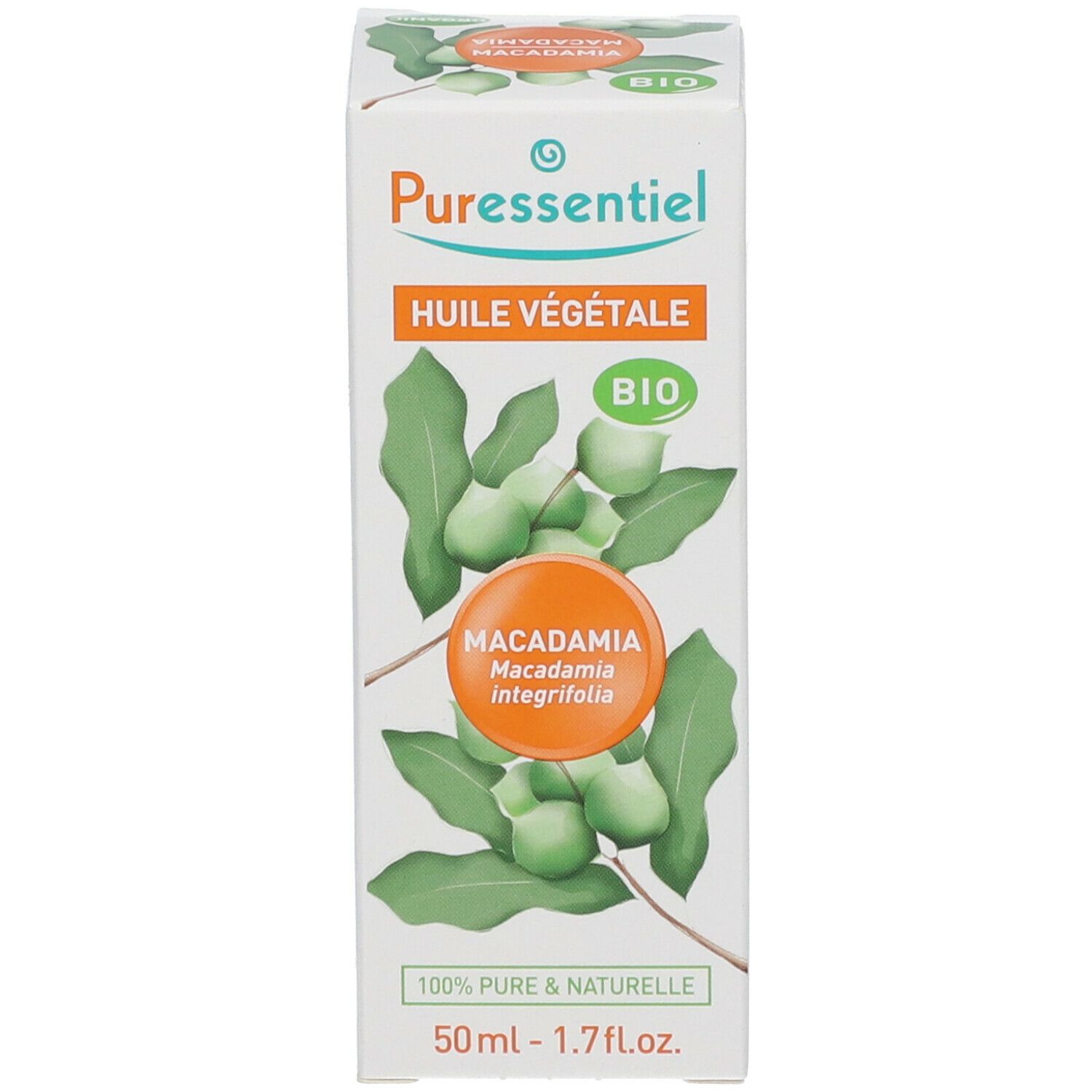 Produktverpackung. Karton mit Produktnamen, Illustrationen und BIO-Siegel. Text: Huile Végétale, 50ml.
