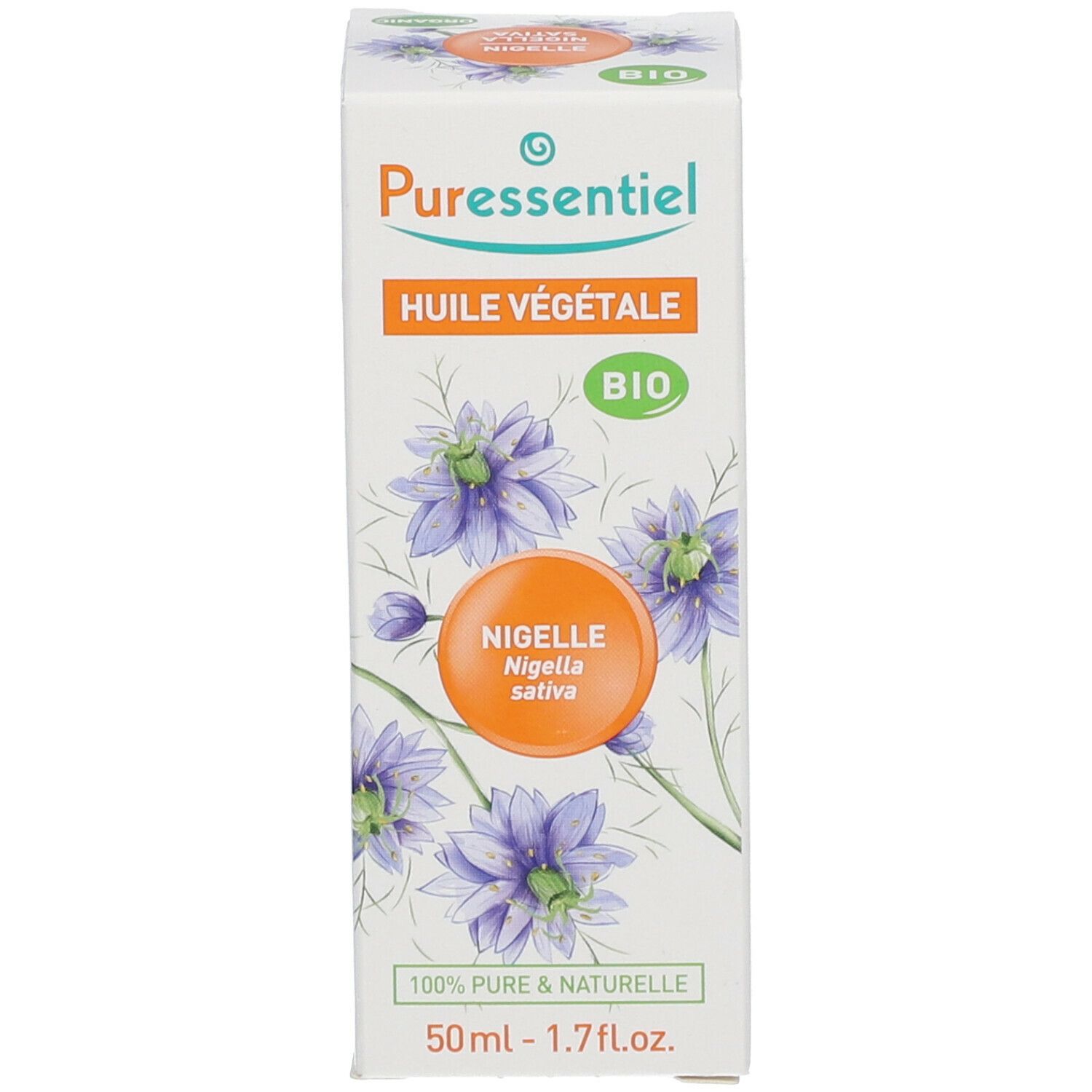 Karton mit Produktnamen, Blumen und Bio-Siegel. Text und Logo auf weißem Hintergrund.
