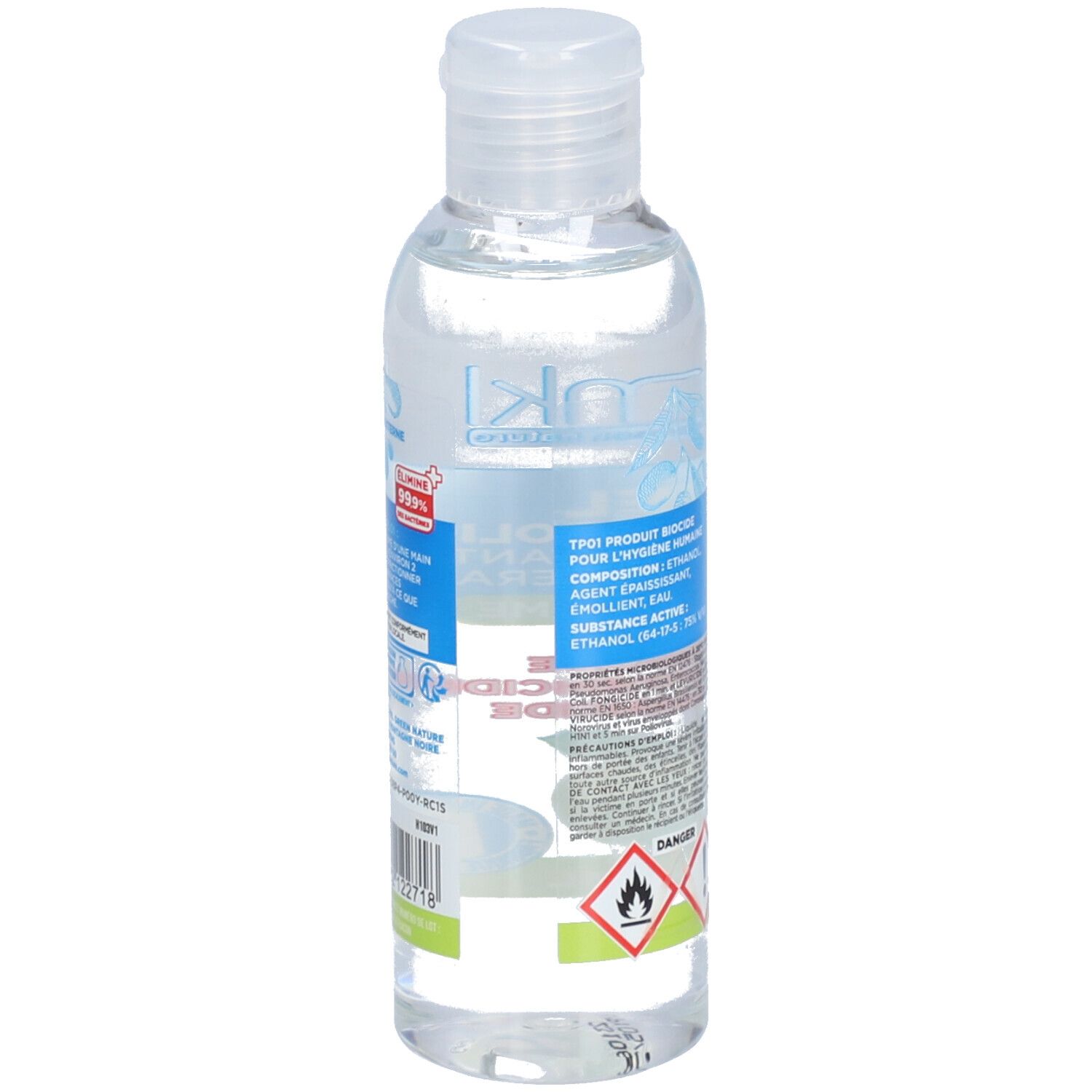 Dos du flacon. Texte avec ingrédients et avertissements. Symboles de danger: irritant et facilement inflammable.