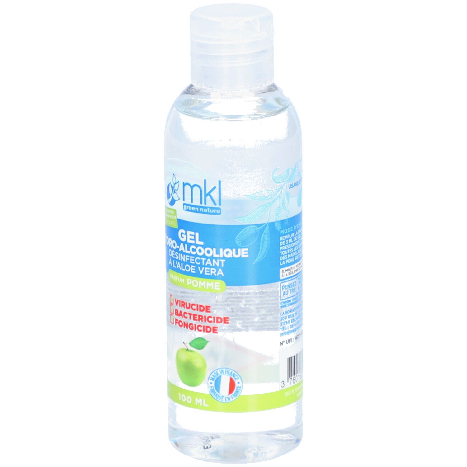 Flacon transparent avec bouchon blanc. Inscription: Gel Hydro-alcoolique, désinfectant à l'aloe vera. Parfum pomme. Drapeau français.