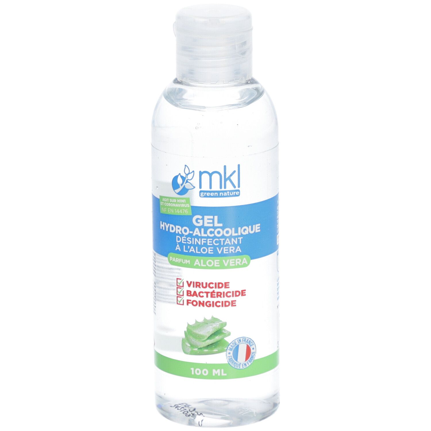 Flacon transparent avec étiquette bleue et verte. Texte: Gel Hydroalcoolique, Aloe Vera. Logo: MKL Green Nature.