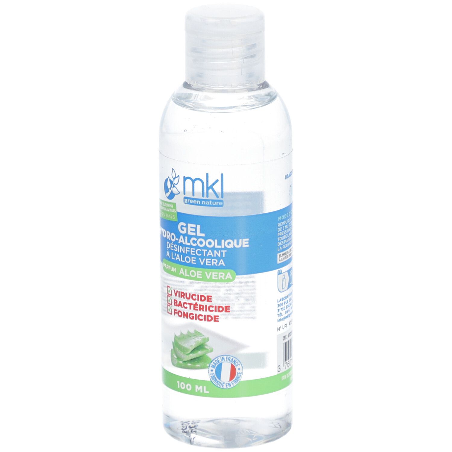 Flacon transparent avec étiquette bleue et verte. Texte: Gel Hydroalcoolique, Aloe Vera. Logo: MKL Green Nature.