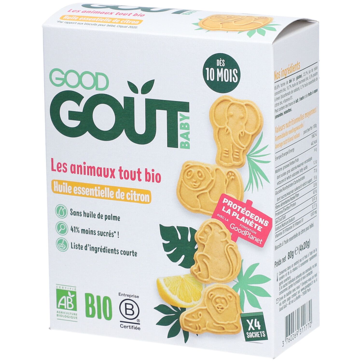 Boîte de biscuits Good Goût, Les animaux tout bio, huile essentielle de citron. Certifié bio. Contient des biscuits en forme d'animaux.