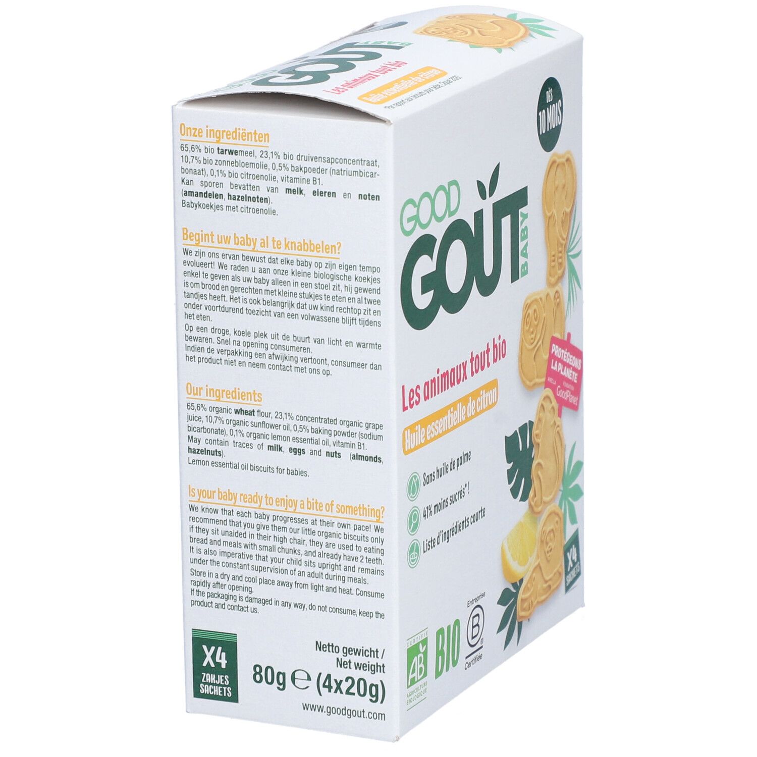 Boîte de biscuits Good Goût, Les animaux tout bio, huile essentielle de citron. Ingrédients et certification bio. Biscuits en forme d'animaux.
