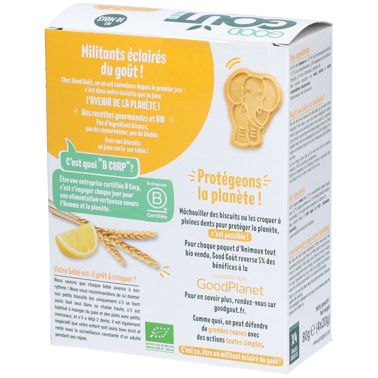 Dos de la boîte de biscuits Good Goût, Les animaux tout bio, huile essentielle de citron. Certification bio. Biscuits en forme d'animaux.