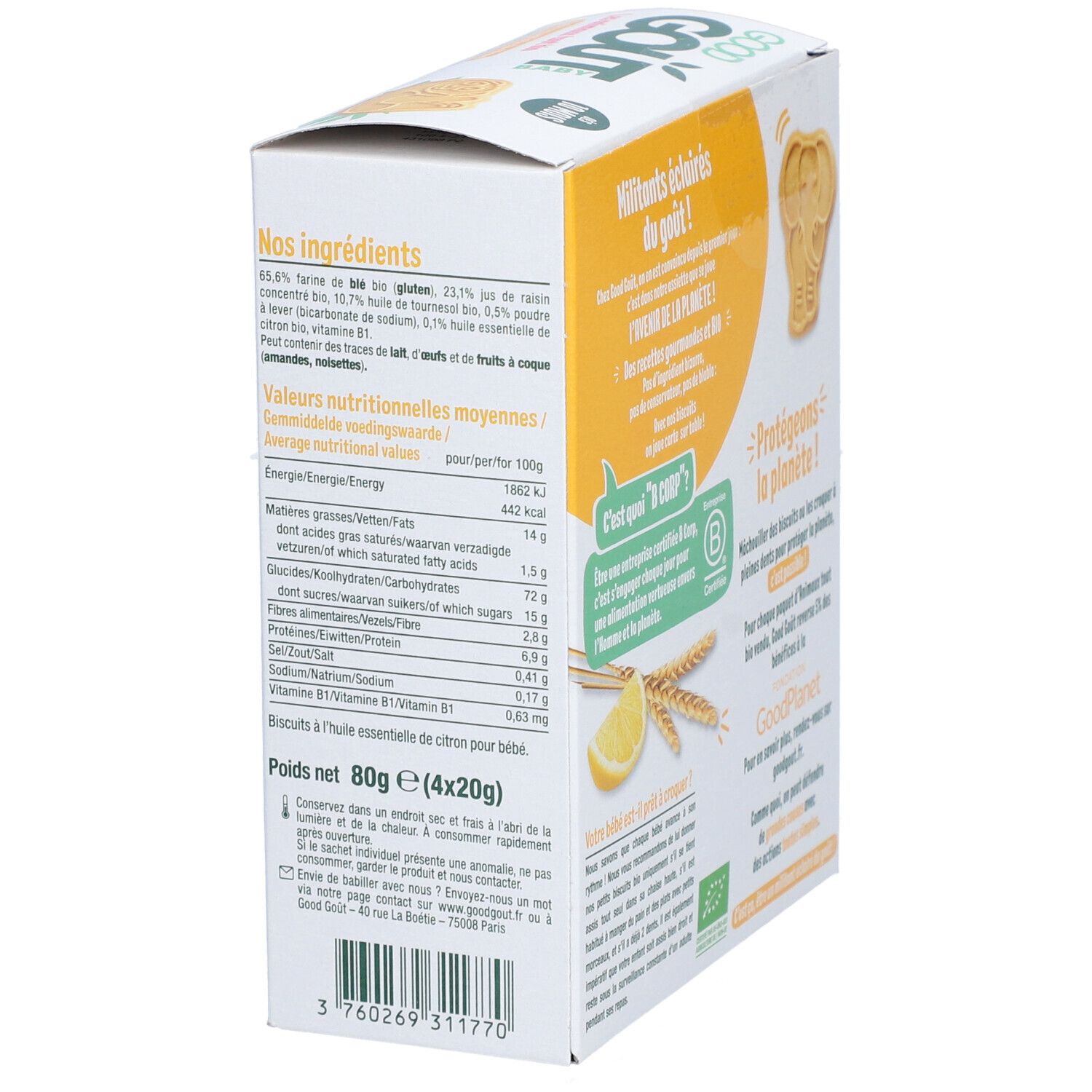 Dos de la boîte de biscuits Good Goût, Les animaux tout bio, huile essentielle de citron. Informations nutritionnelles. Biscuits en forme d'animaux.