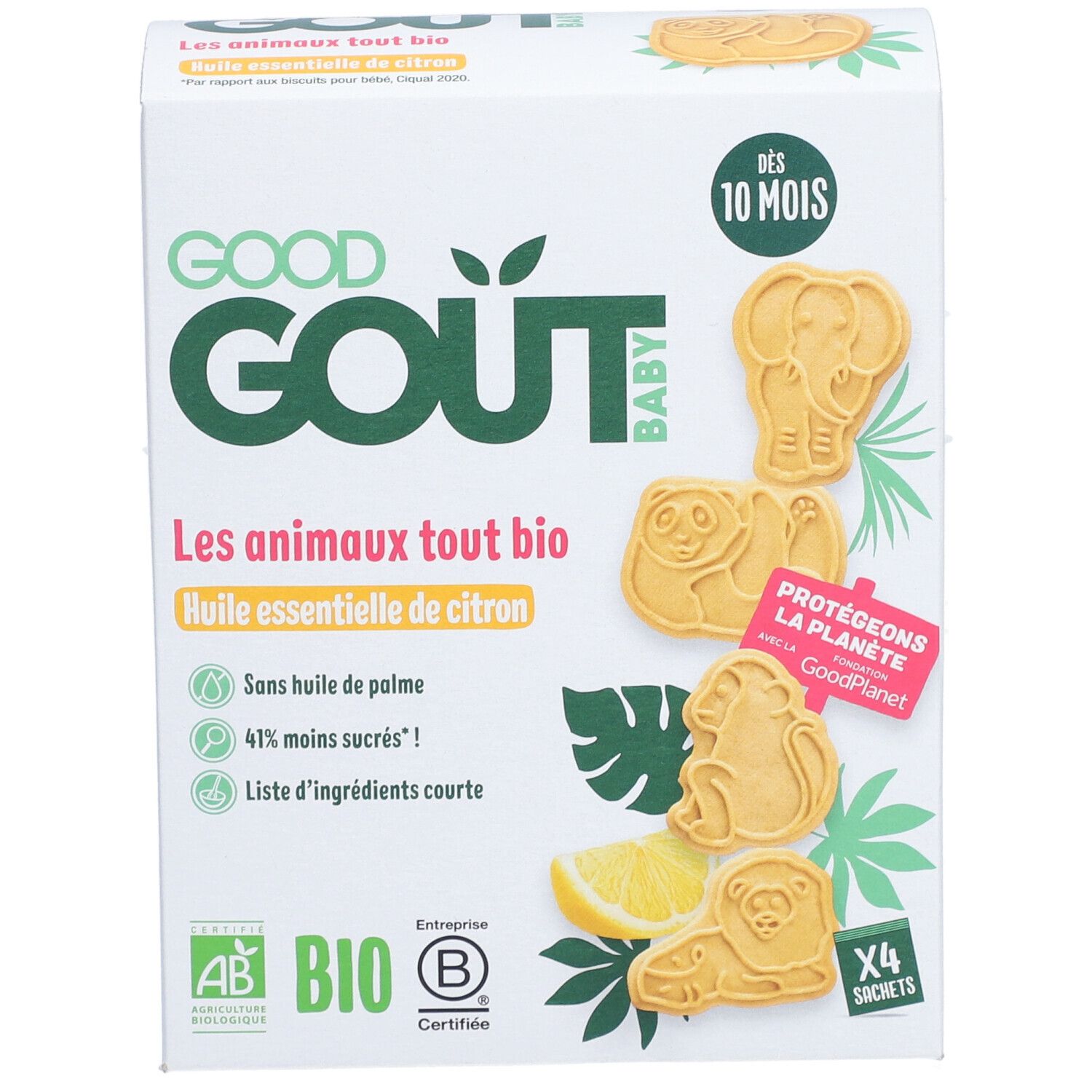 Boîte de biscuits Good Goût, Les animaux tout bio, huile essentielle de citron. Certification bio. 4 sachets. Biscuits en forme d'animaux.