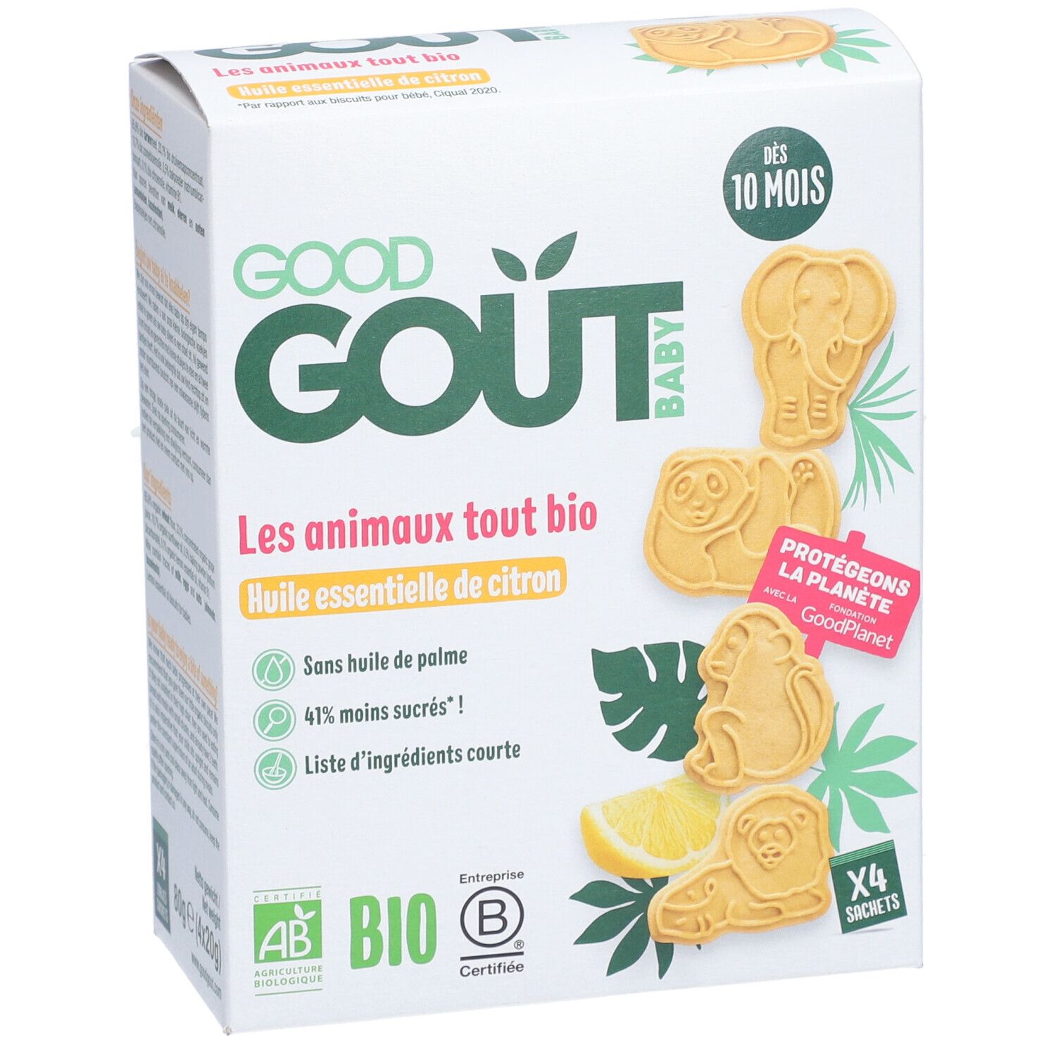 Boîte de biscuits Good Goût, Les animaux tout bio, huile essentielle de citron. Certification bio. 4 sachets. Biscuits en forme d'animaux.
