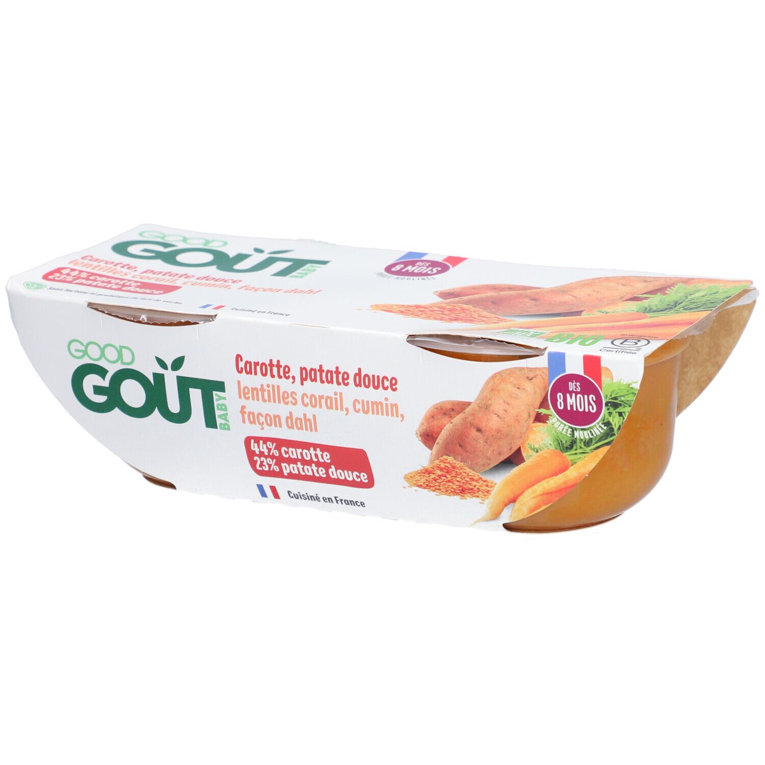 Emballage Good Goût Baby. Carotte, patate douce, lentilles corail, cumin, façon dahl. Dès 8 mois. Fabriqué en France.