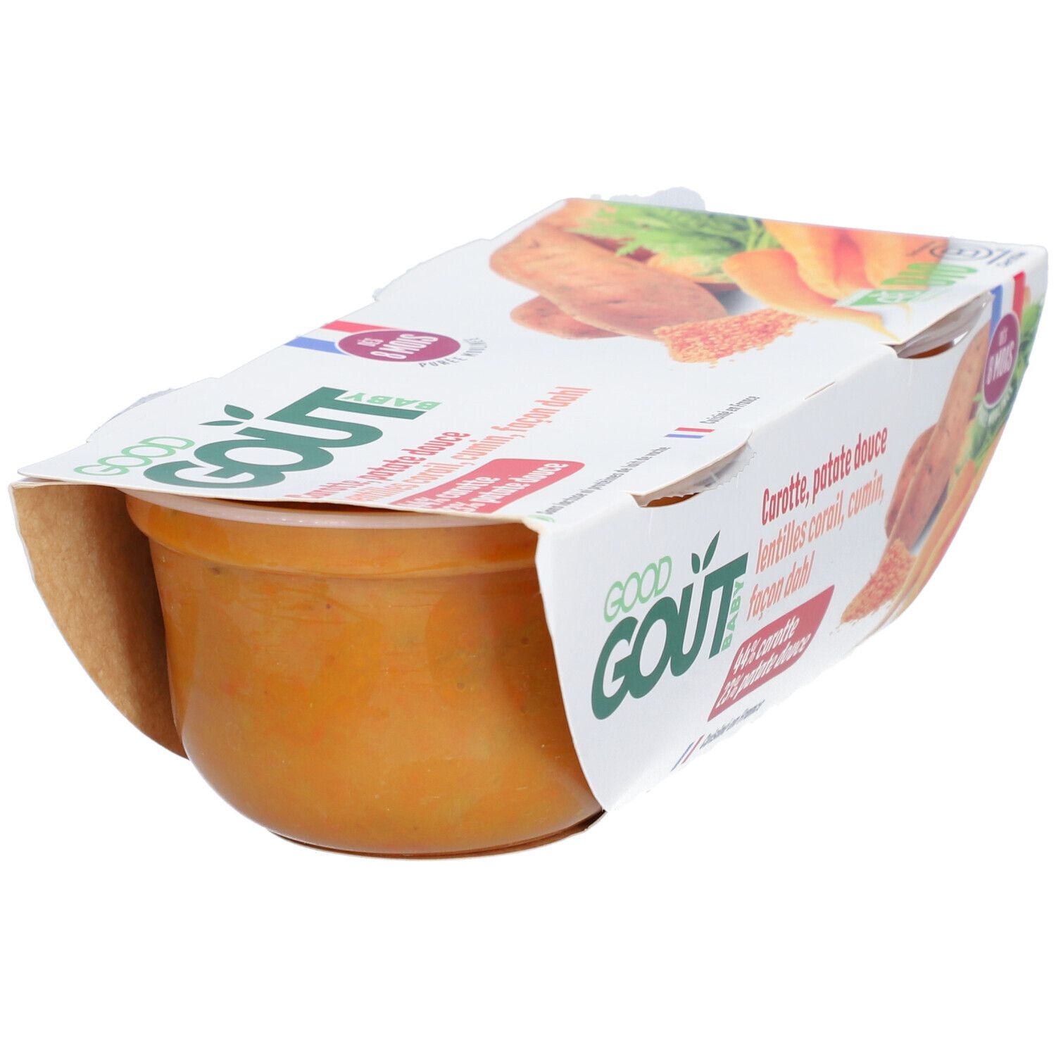 Pot Good Goût Baby. Contenu orange. Carotte, patate douce, lentilles corail, cumin, façon dahl. Fabriqué en France.