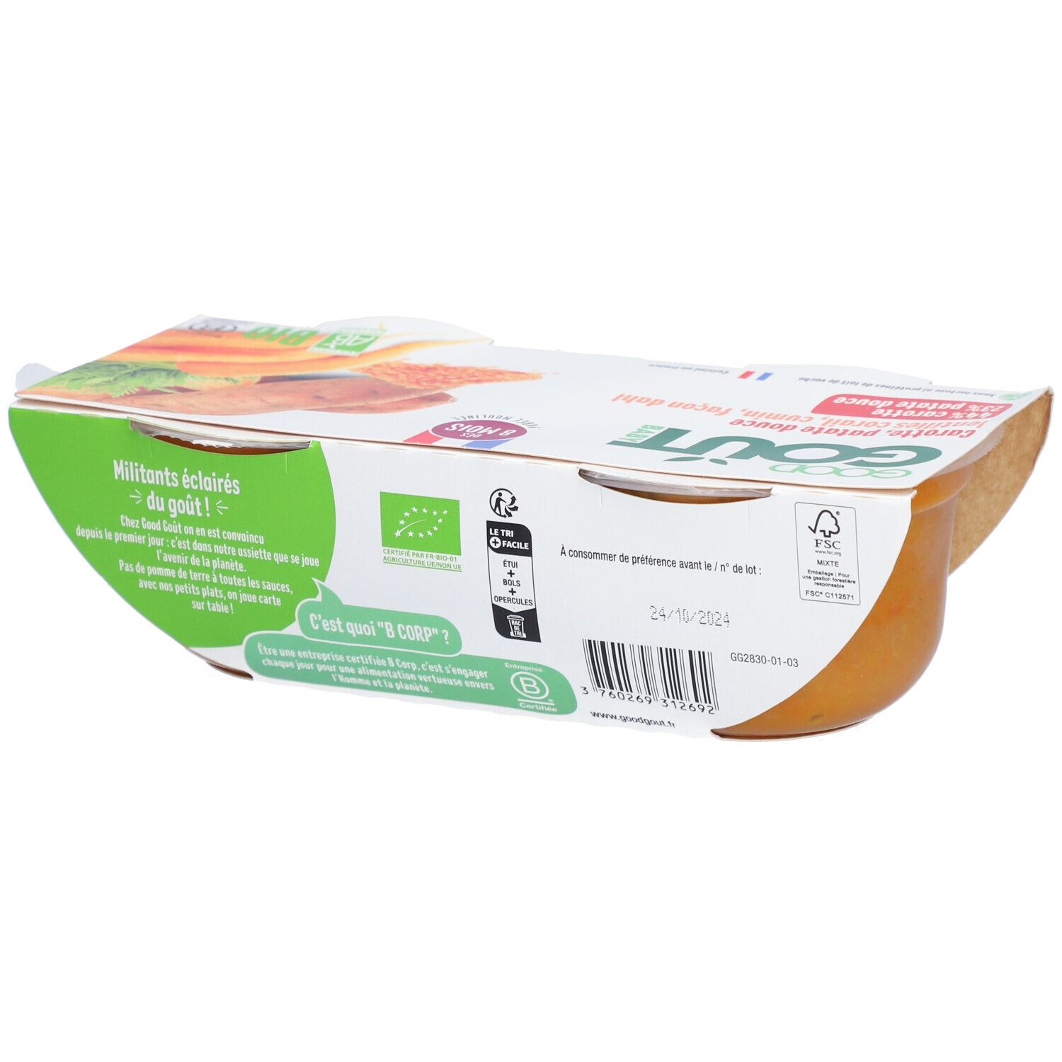 Dos de l'emballage Good Goût Baby. Certification bio. Date limite de consommation: 24/10/2024. Fabriqué en France.