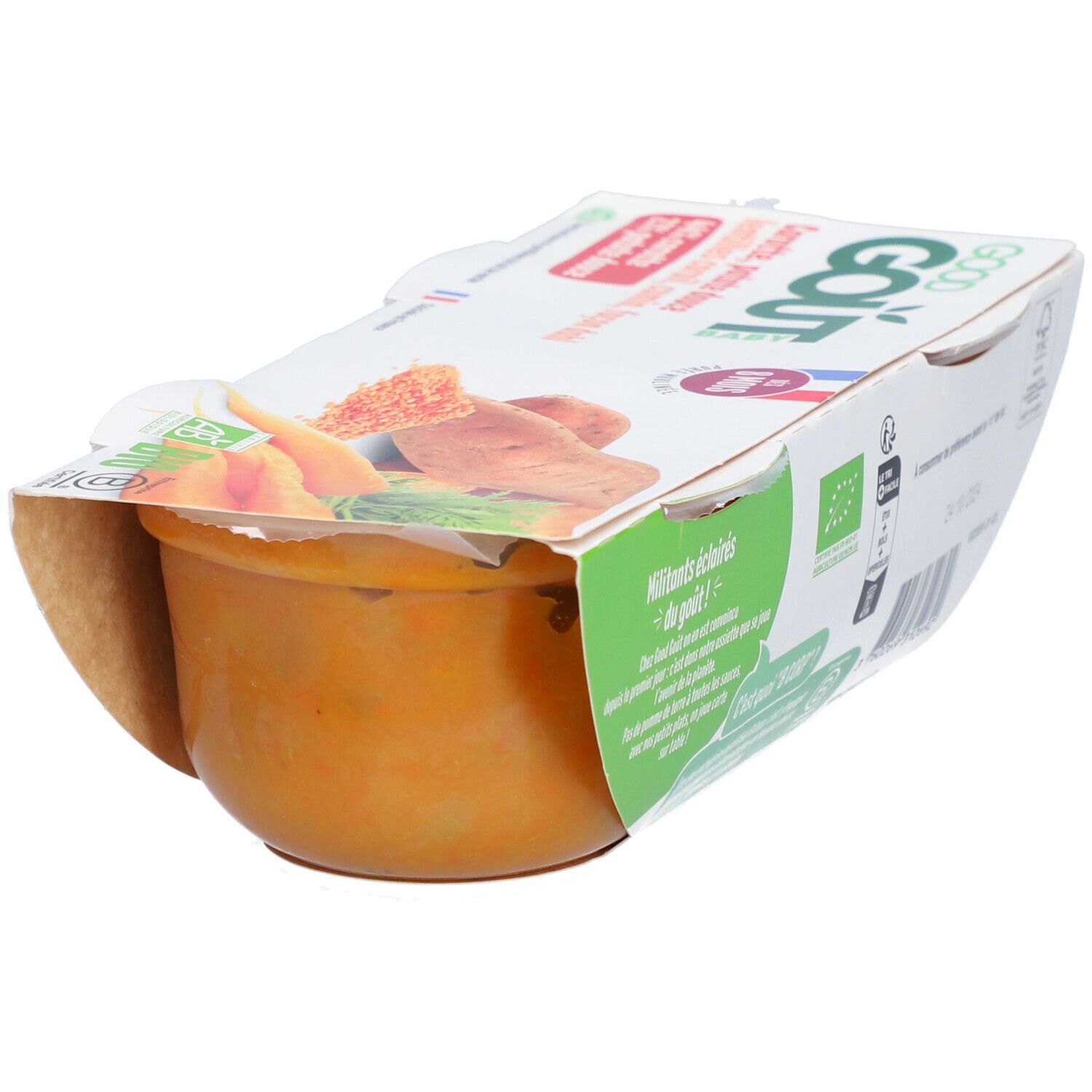 Pot Good Goût Baby. Contenu orange. Carotte, patate douce, lentilles corail, cumin, façon dahl. Fabriqué en France.