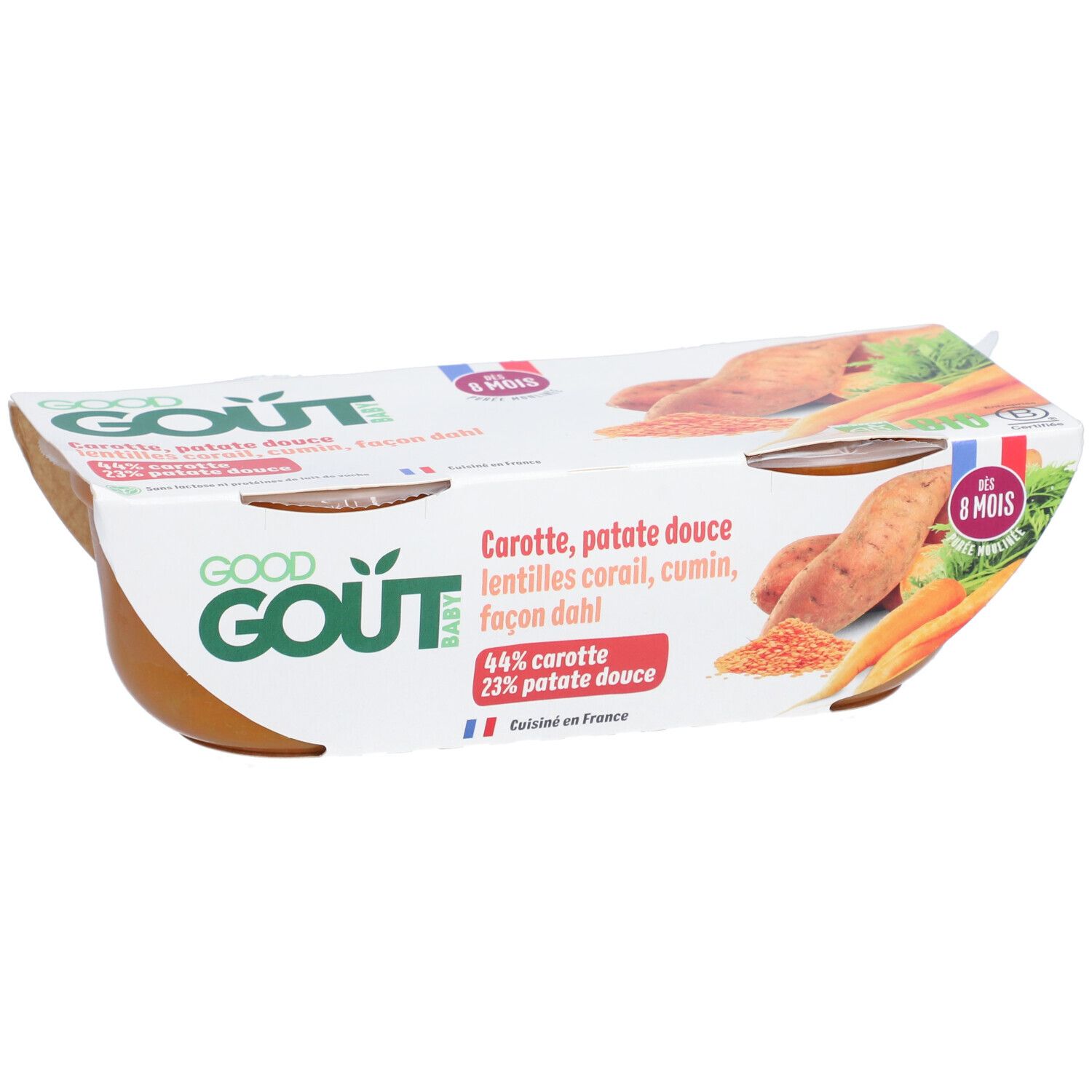 Emballage Good Goût Baby. Carotte, patate douce, lentilles corail, cumin, façon dahl. Dès 8 mois. Fabriqué en France.