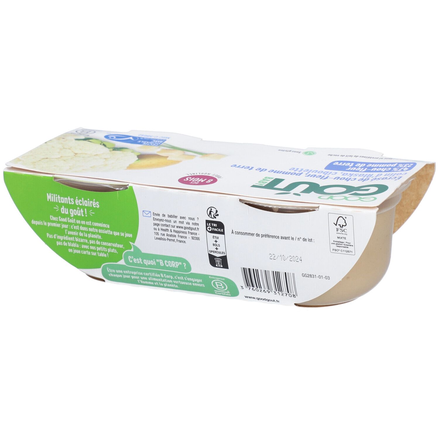 Dos de l'emballage Good Goût Baby. Contient des informations et la date limite de consommation.