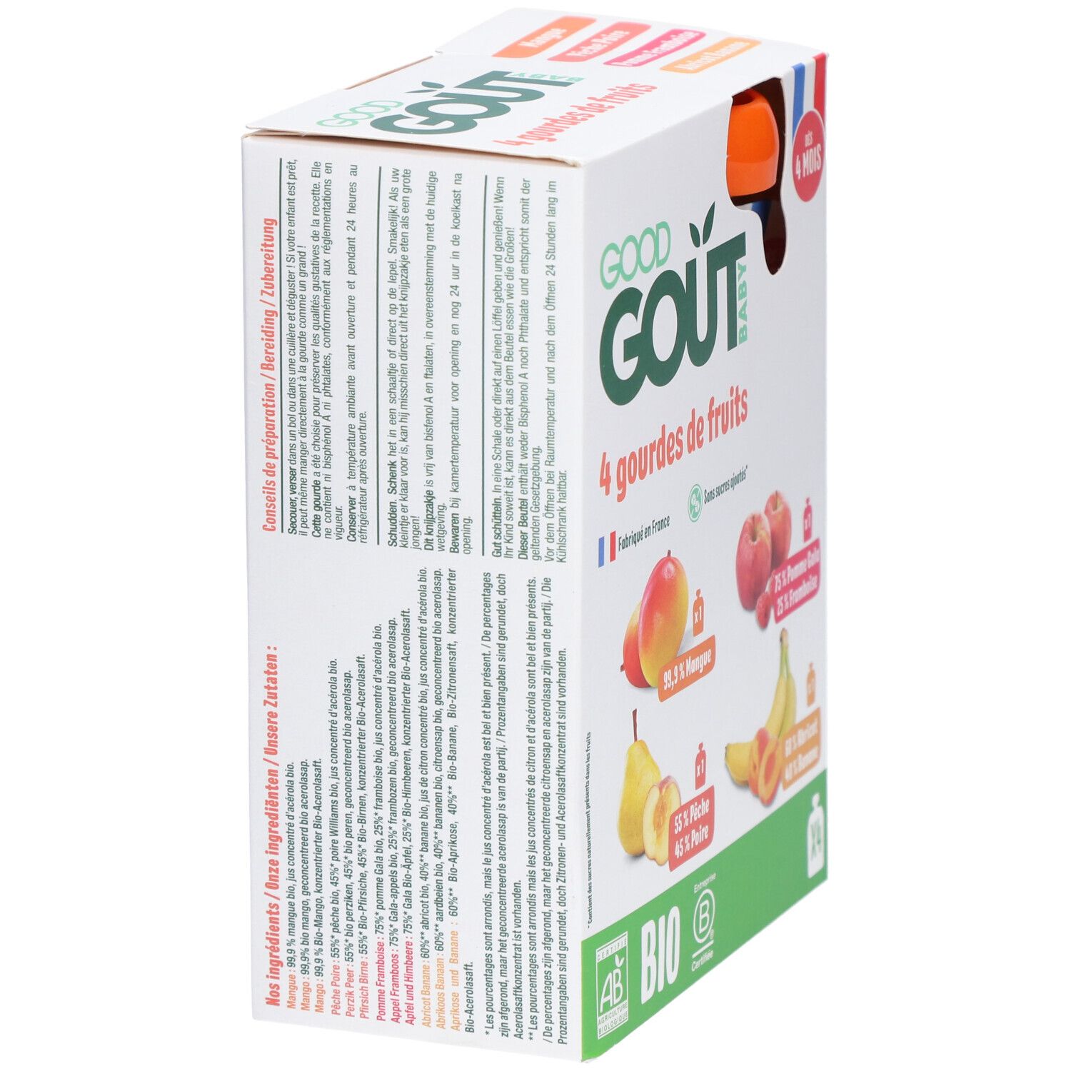 Boîte de 4 gourdes de fruits Good Goût Baby. Ingrédients : mangue, pomme, framboise, poire, banane, abricot. Certifié bio.