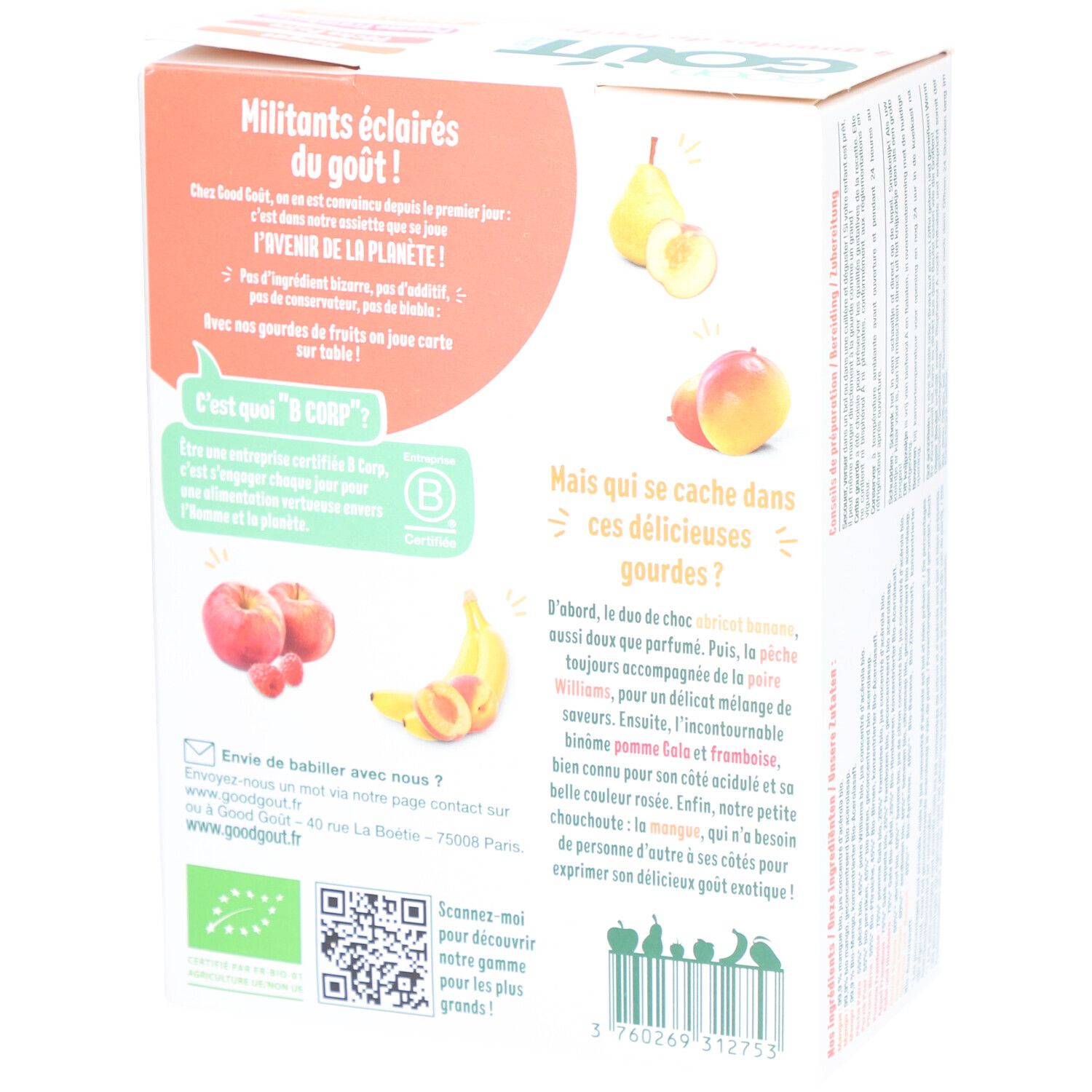 Dos de la boîte de 4 gourdes de fruits Good Goût Baby. Ingrédients : mangue, pomme, framboise, poire, banane, abricot. Bio.