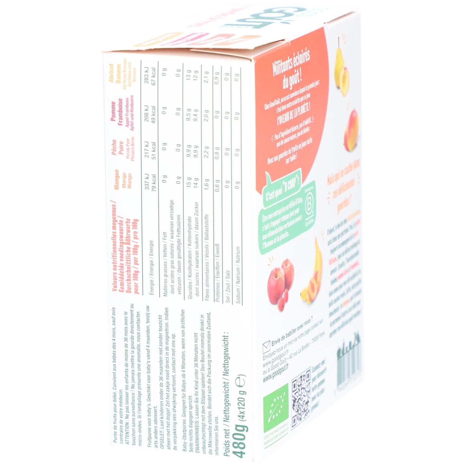 Côté de la boîte de 4 gourdes de fruits Good Goût Baby. Informations nutritionnelles. Poids net : 480g (4x120g).