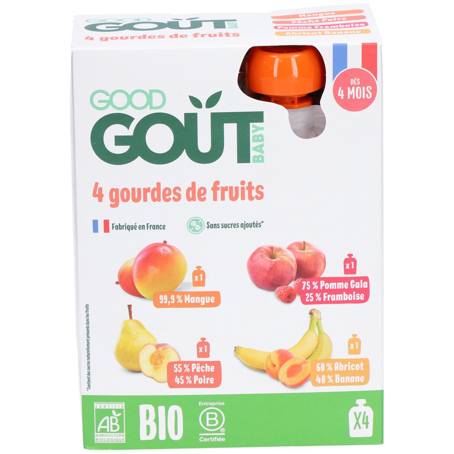 Boîte de 4 gourdes de fruits Good Goût Baby. Ingrédients : mangue, pomme, framboise, poire, banane, abricot. Certifié bio.