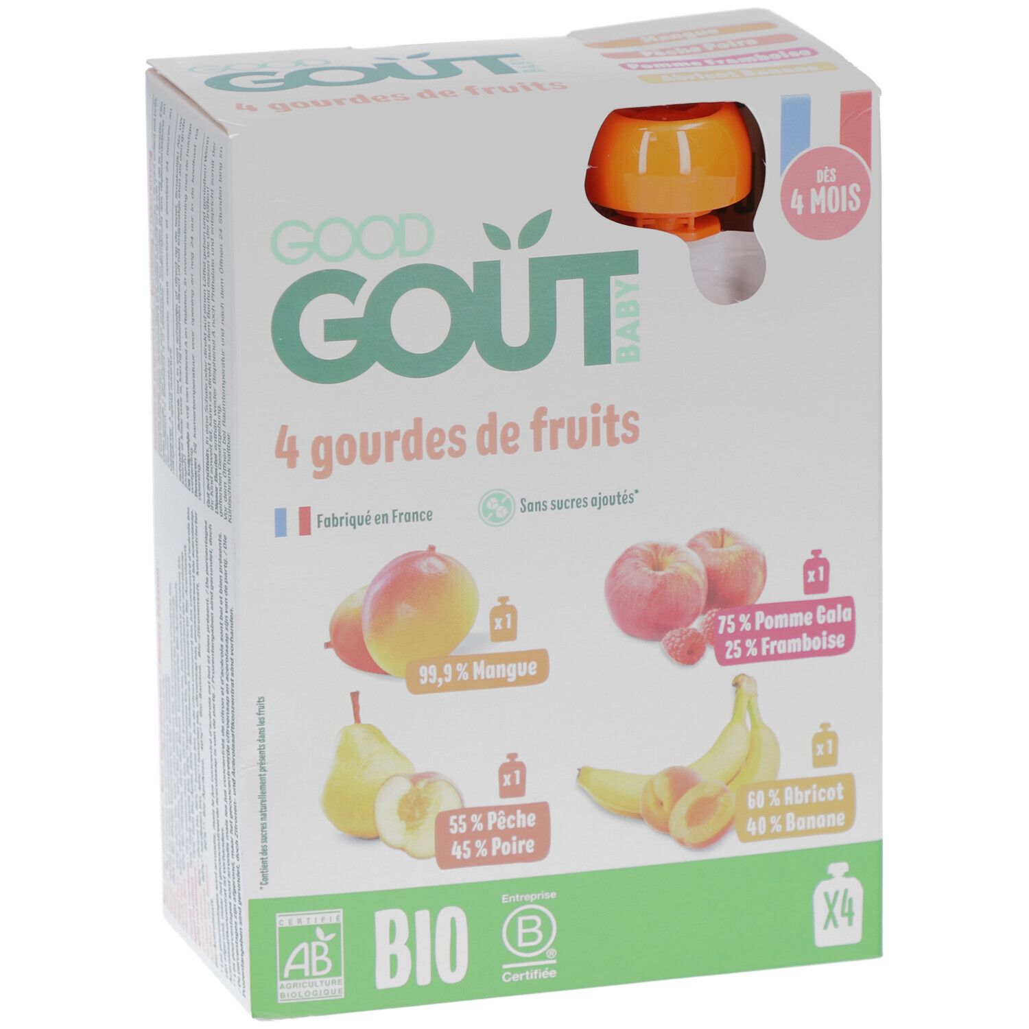 Boîte de 4 gourdes de fruits Good Goût Baby. Ingrédients : mangue, pomme, framboise, poire, banane, abricot. Certifié bio.