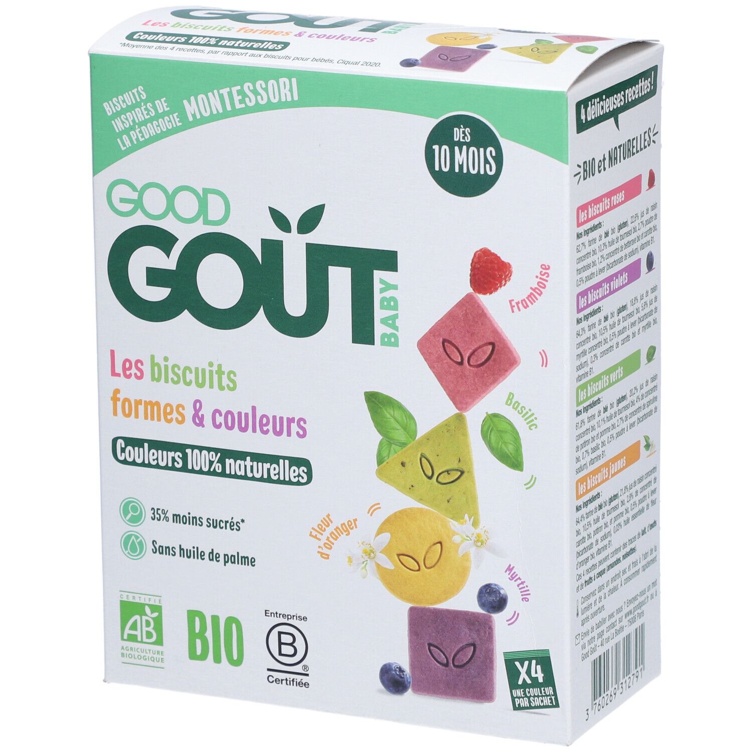 Verpakking Good Goût Baby koekjes. Opschrift: Vormen & kleuren, 100% natuurlijke kleuren. Bio-certificering.