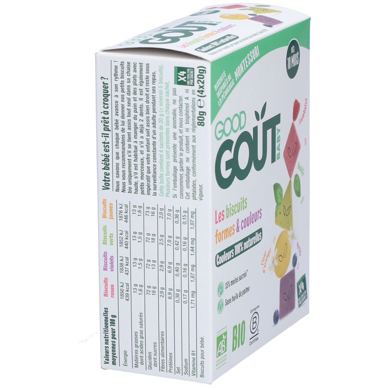 Verpakking Good Goût Baby koekjes. Voedingstabel. Opschrift: Vormen & kleuren, 100% natuurlijke kleuren. Bio.