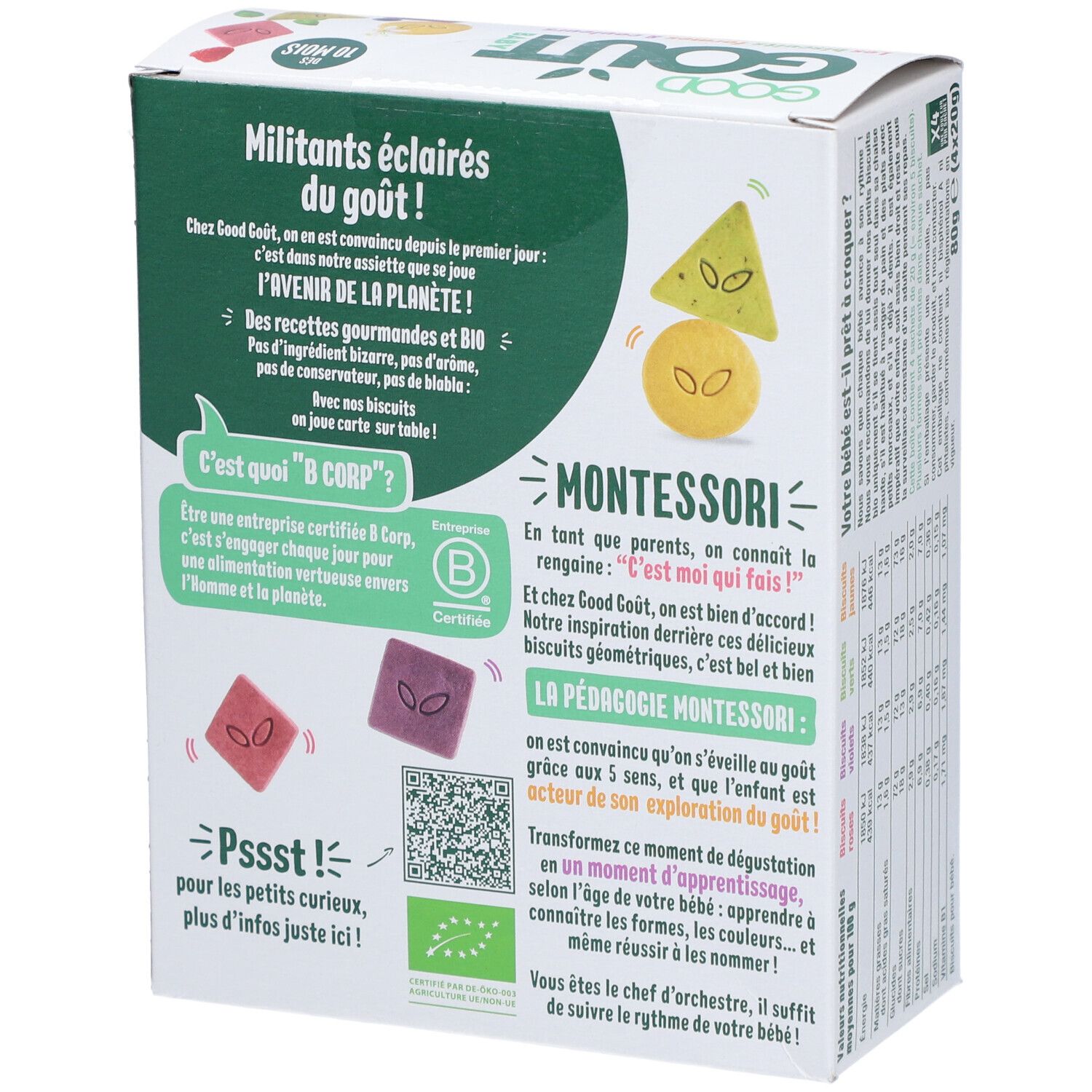 Achterkant Good Goût Baby koekjesverpakking. Tekst over merk en Montessori pedagogie. Bio-certificering.