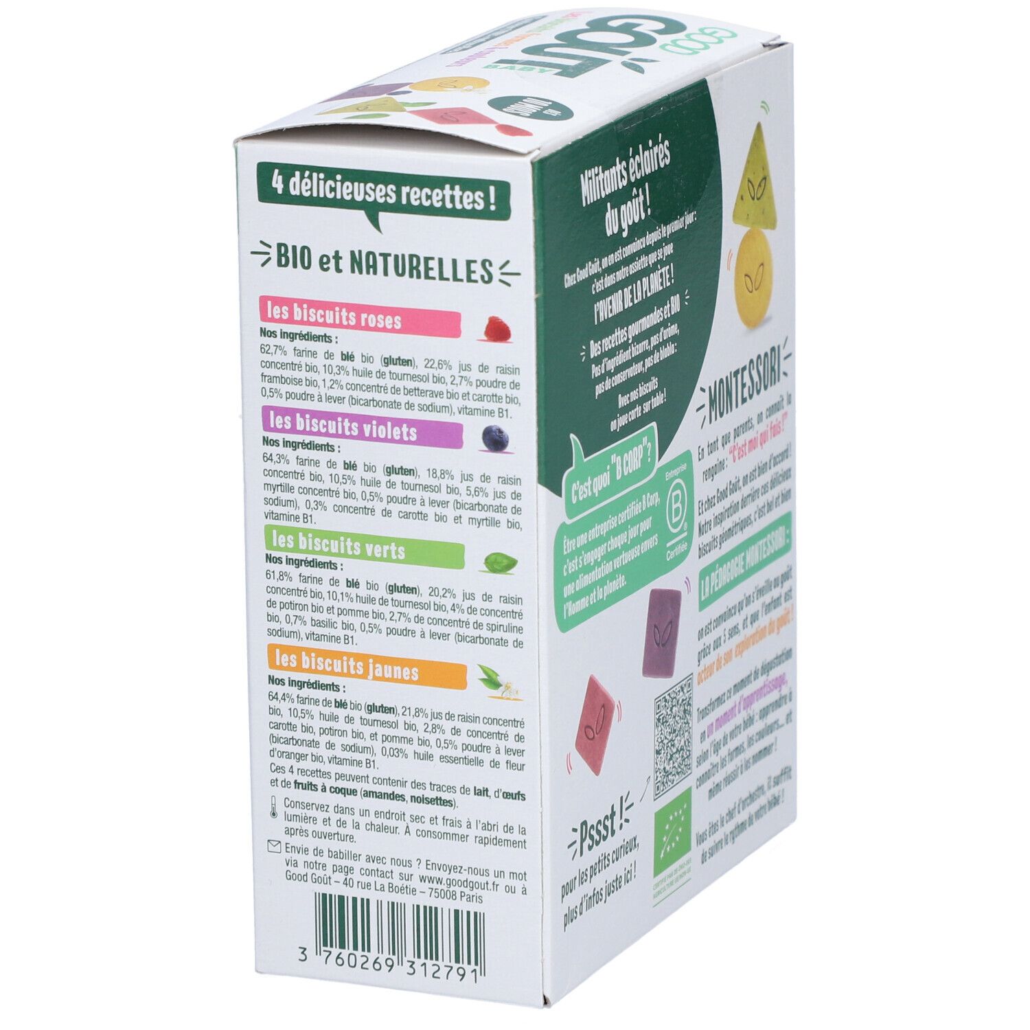 Achterkant Good Goût Baby koekjesverpakking. Ingrediëntenlijst. Bio-certificering. QR-code.