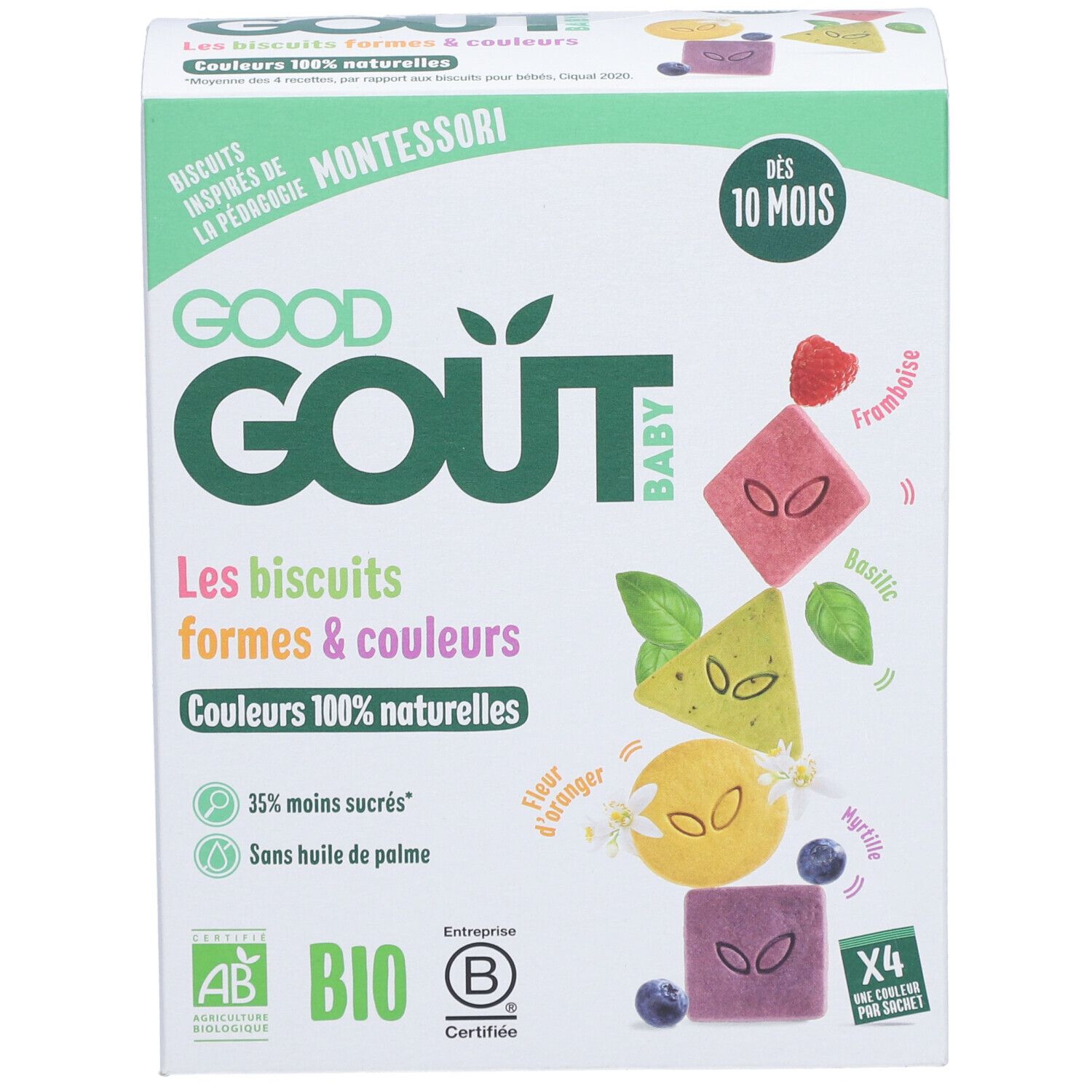 Verpakking Good Goût Baby koekjes. Opschrift: Vormen & kleuren, 100% natuurlijke kleuren. Bio-certificering.