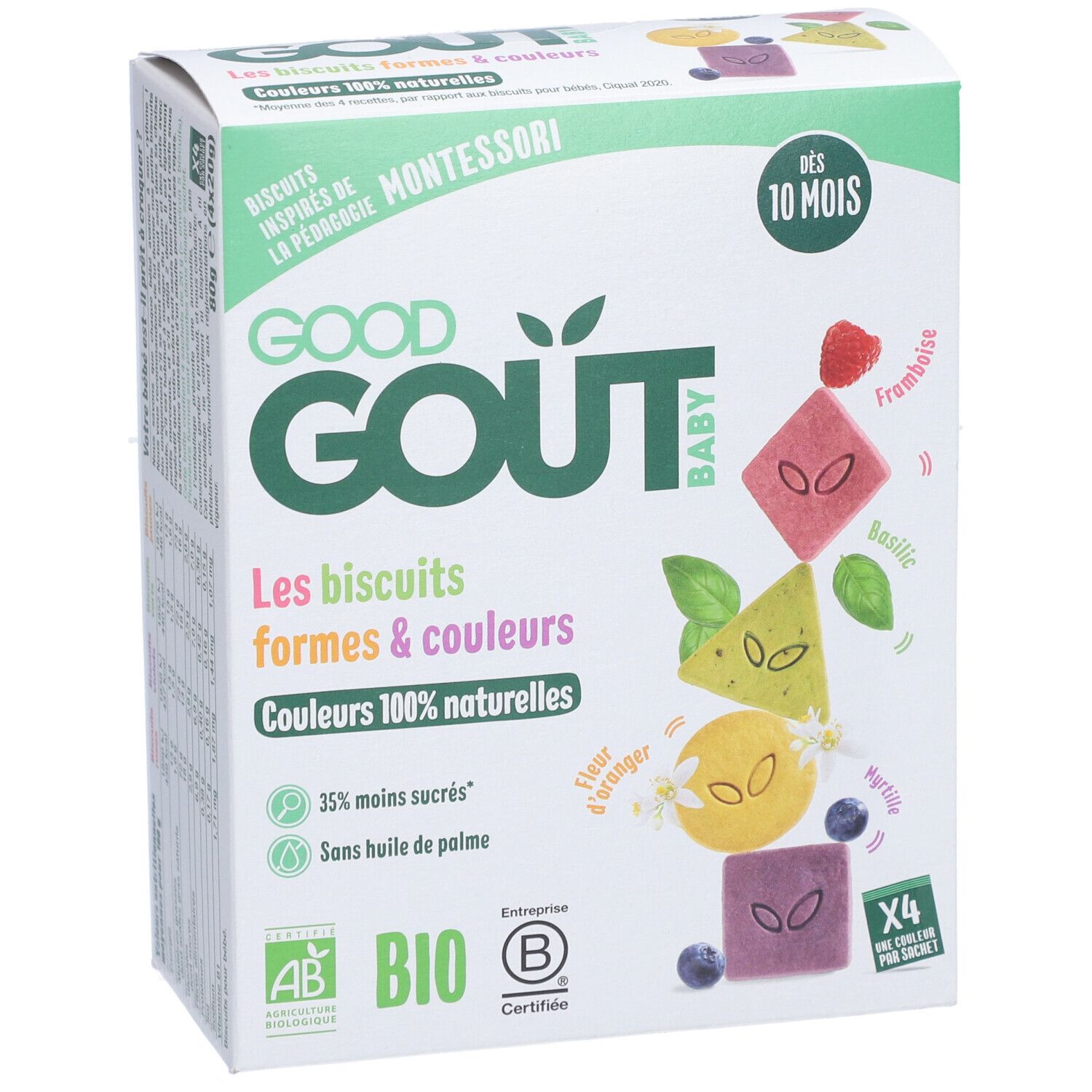 Verpakking Good Goût Baby koekjes. Opschrift: Vormen & kleuren, 100% natuurlijke kleuren. Bio-certificering.