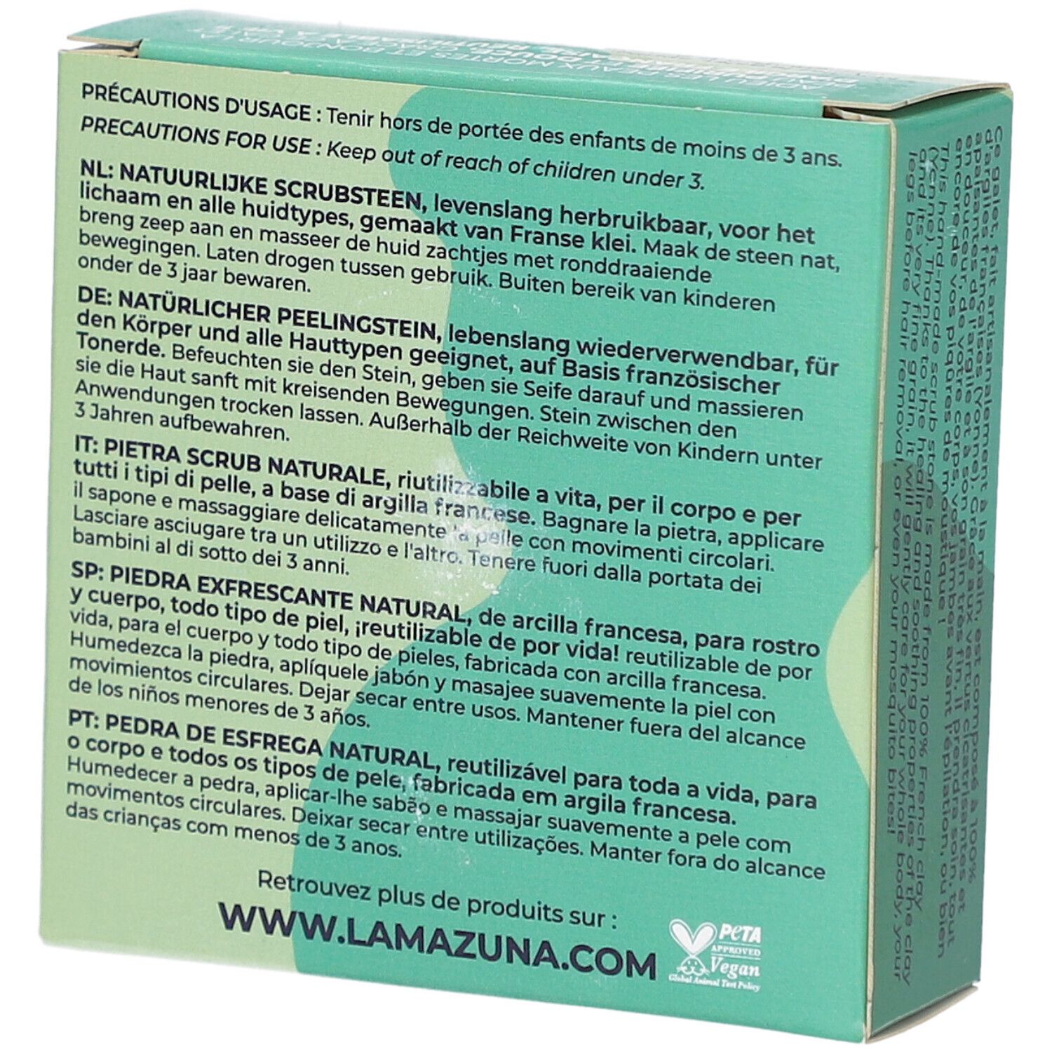 Rückseite der grünen Verpackung. Text in mehreren Sprachen: Vorsichtsmaßnahmen, Gebrauchsanweisung, Inhaltsstoffe, Herstellerinformationen.