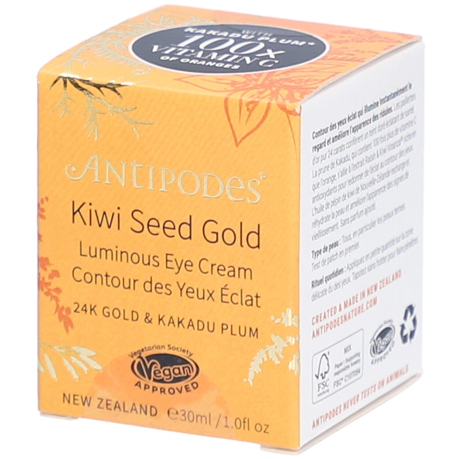 Boîte jaune avec nom et logo du produit. Contient Kiwi Seed Gold Luminous Eye Cream. Label végétalien.