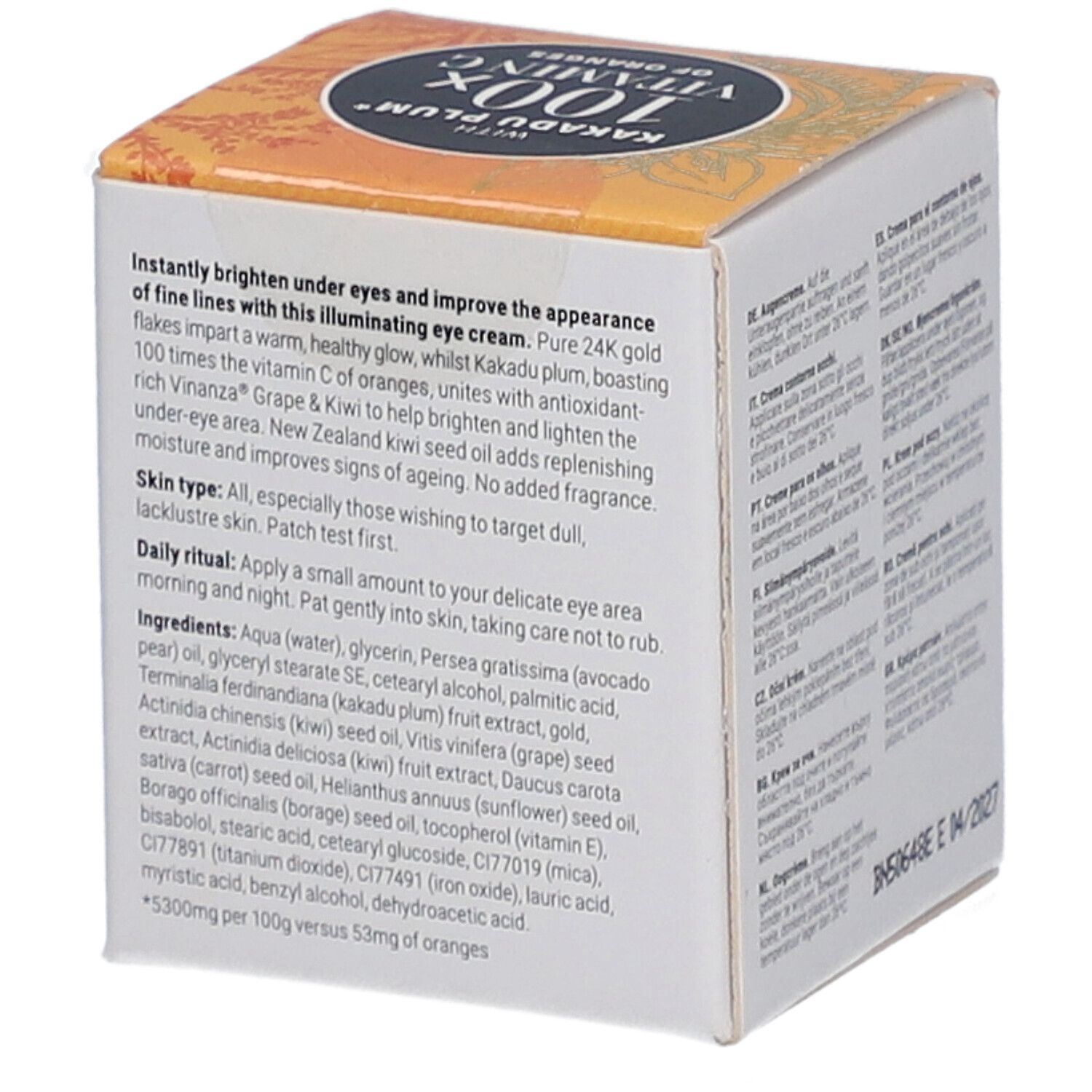 Boîte jaune avec texte. Contient des informations sur les ingrédients et l'utilisation. Contient Kiwi Seed Gold.