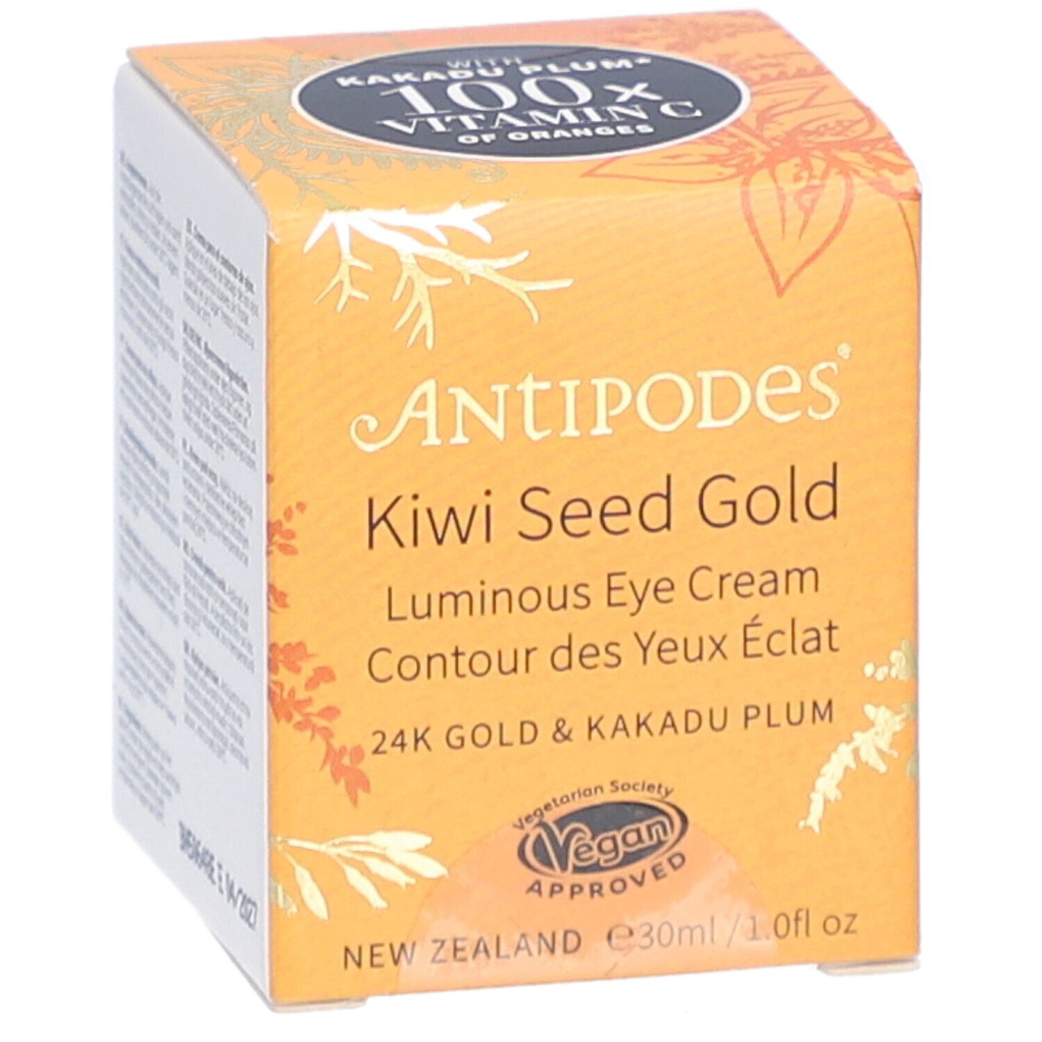 Boîte jaune avec nom et logo du produit. Contient Kiwi Seed Gold Luminous Eye Cream. Label végétalien.