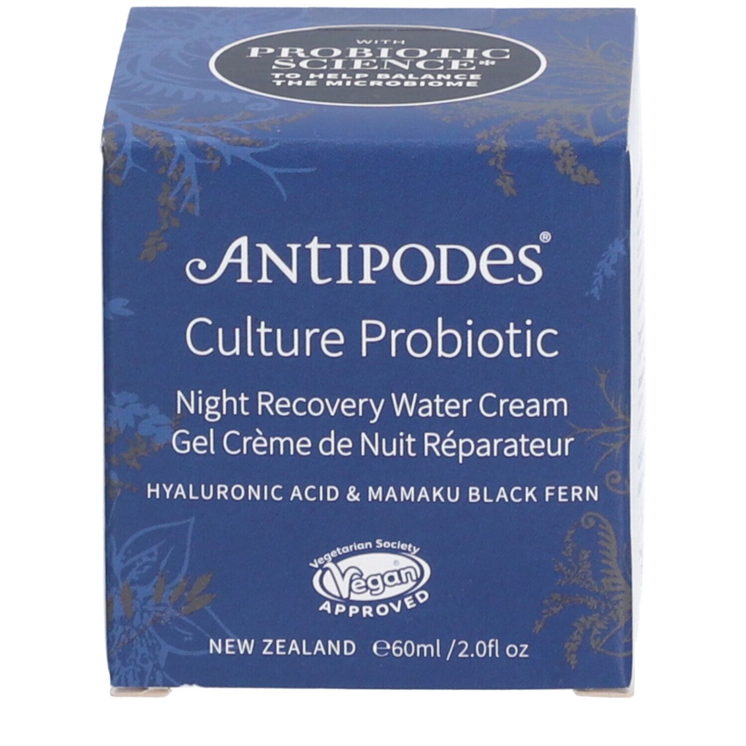 Boîte bleue avec texte blanc: Antipodes Culture, crème de nuit. Label végétalien. 60ml.