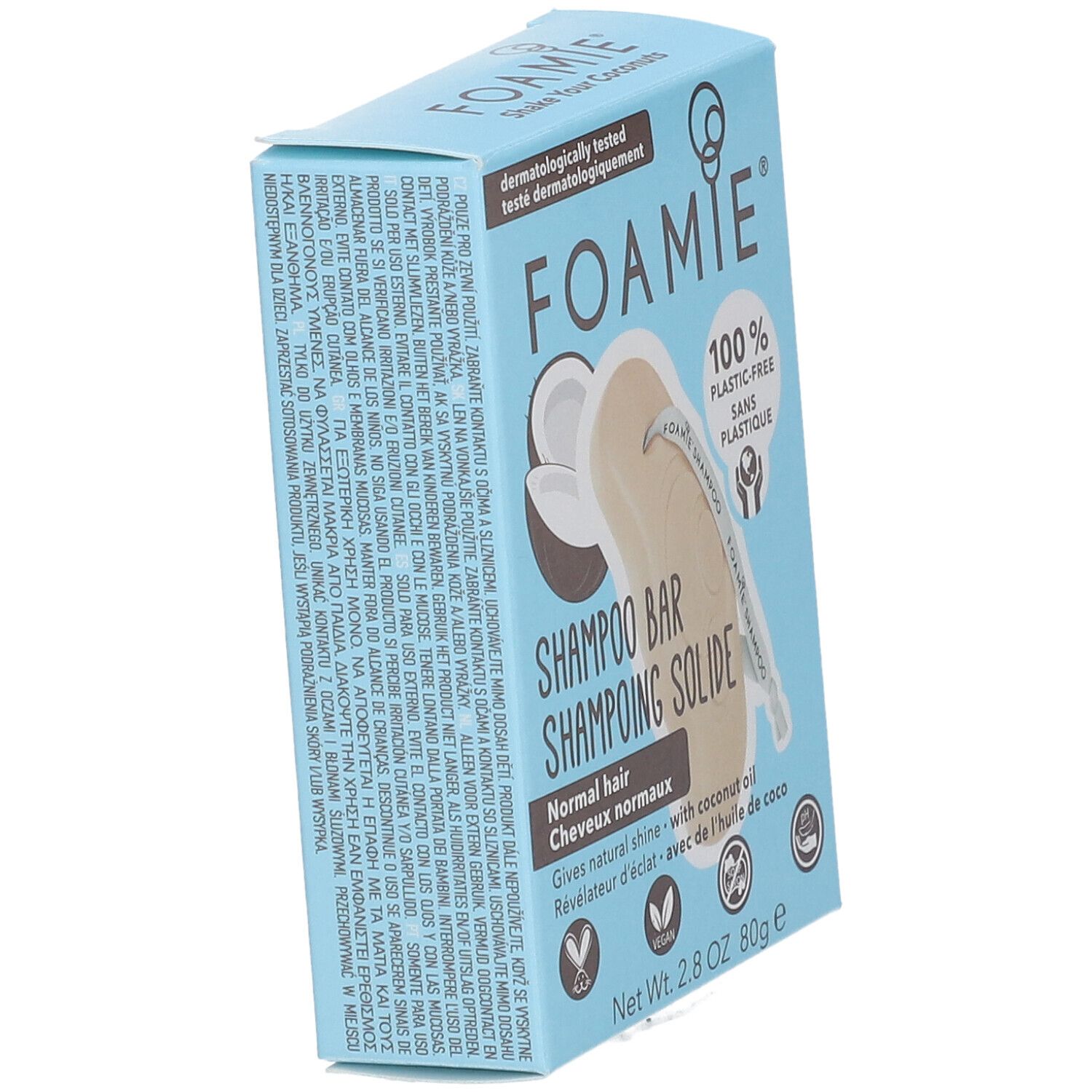 Boîte bleu clair avec logo FOAMIE et barre de shampooing. Texte : "Shampooing Solide", "huile de coco", "vegan".